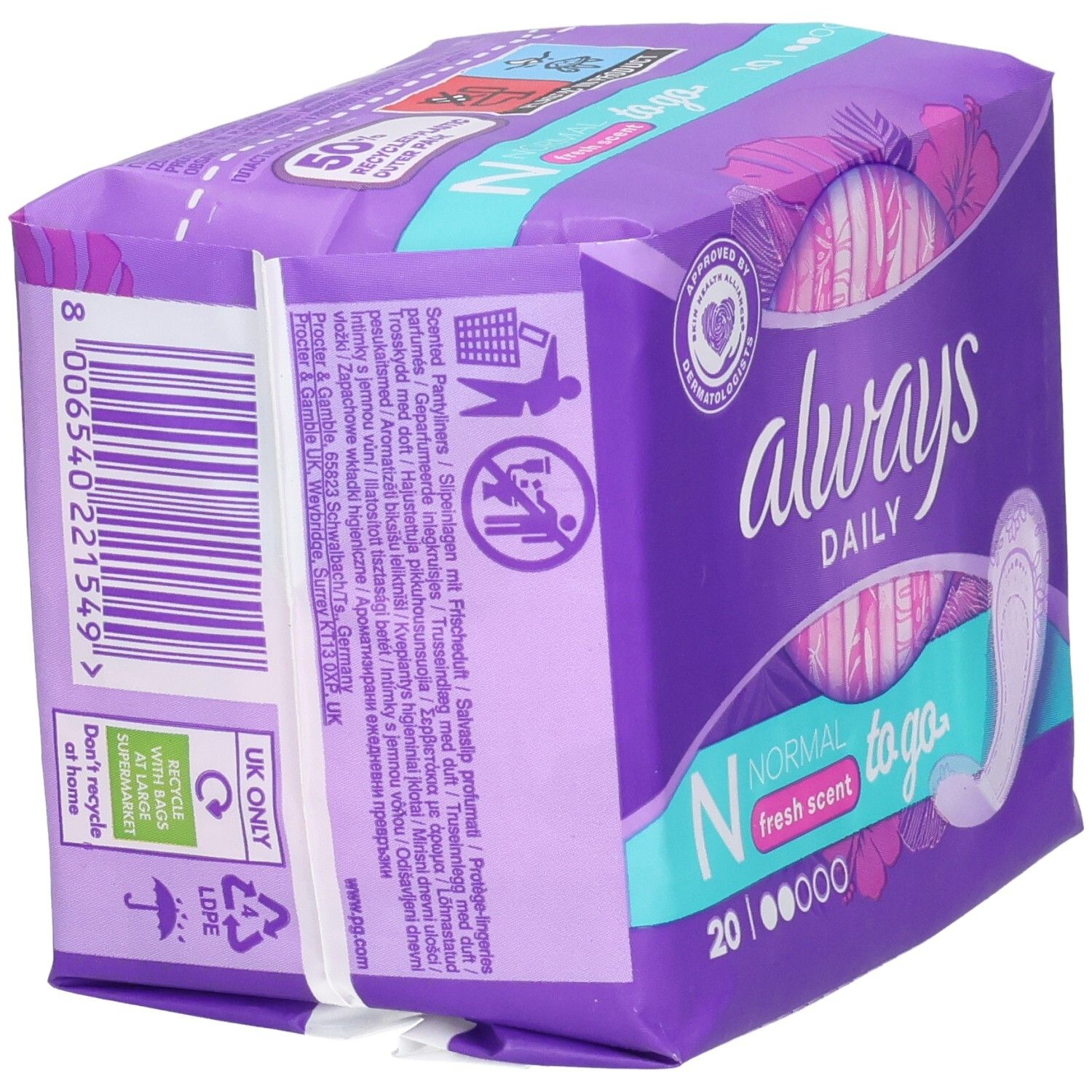Verpackung von Slipeinlagen. Lila-weißes Design mit Produktnamen und Logo. Enthält 20 Stück. Mit Frischeduft. Barcode und Recycling-Hinweise.