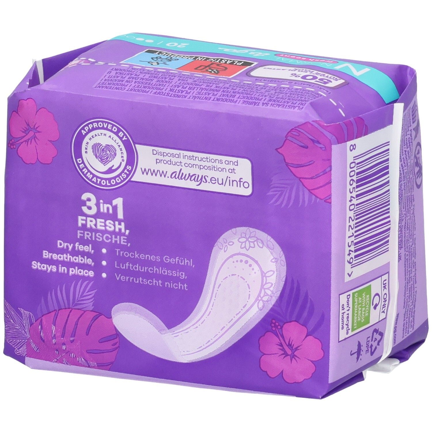 Verpackung von Slipeinlagen. Lila Design mit Produktinformationen. Enthält 3 in 1 Eigenschaften. Dermatologisch getestet. Mit Frischeduft.