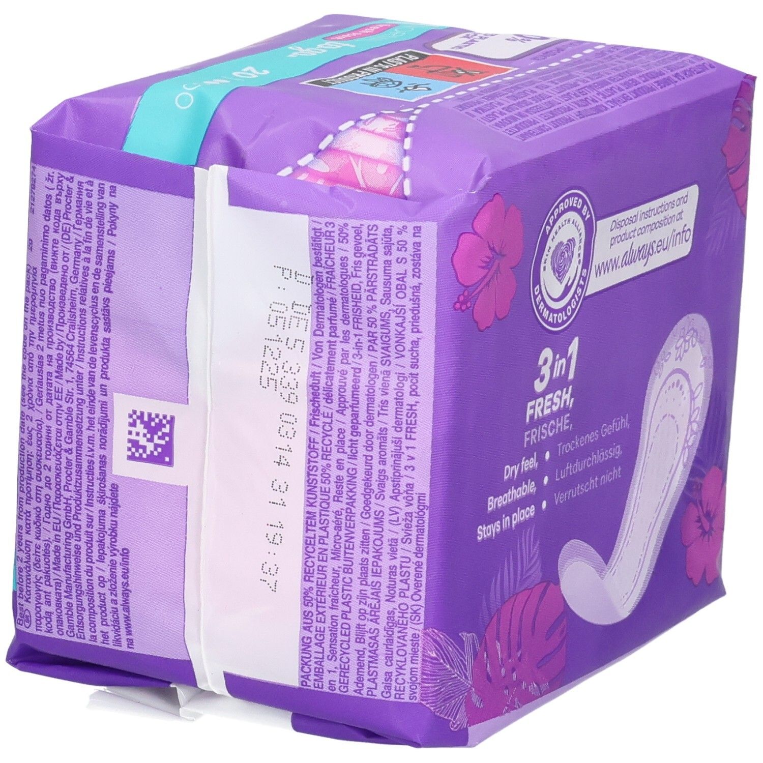 Seitenansicht der Always Daily Slipeinlagen Normal To Go Verpackung mit Haltbarkeitsdatum und Barcode.