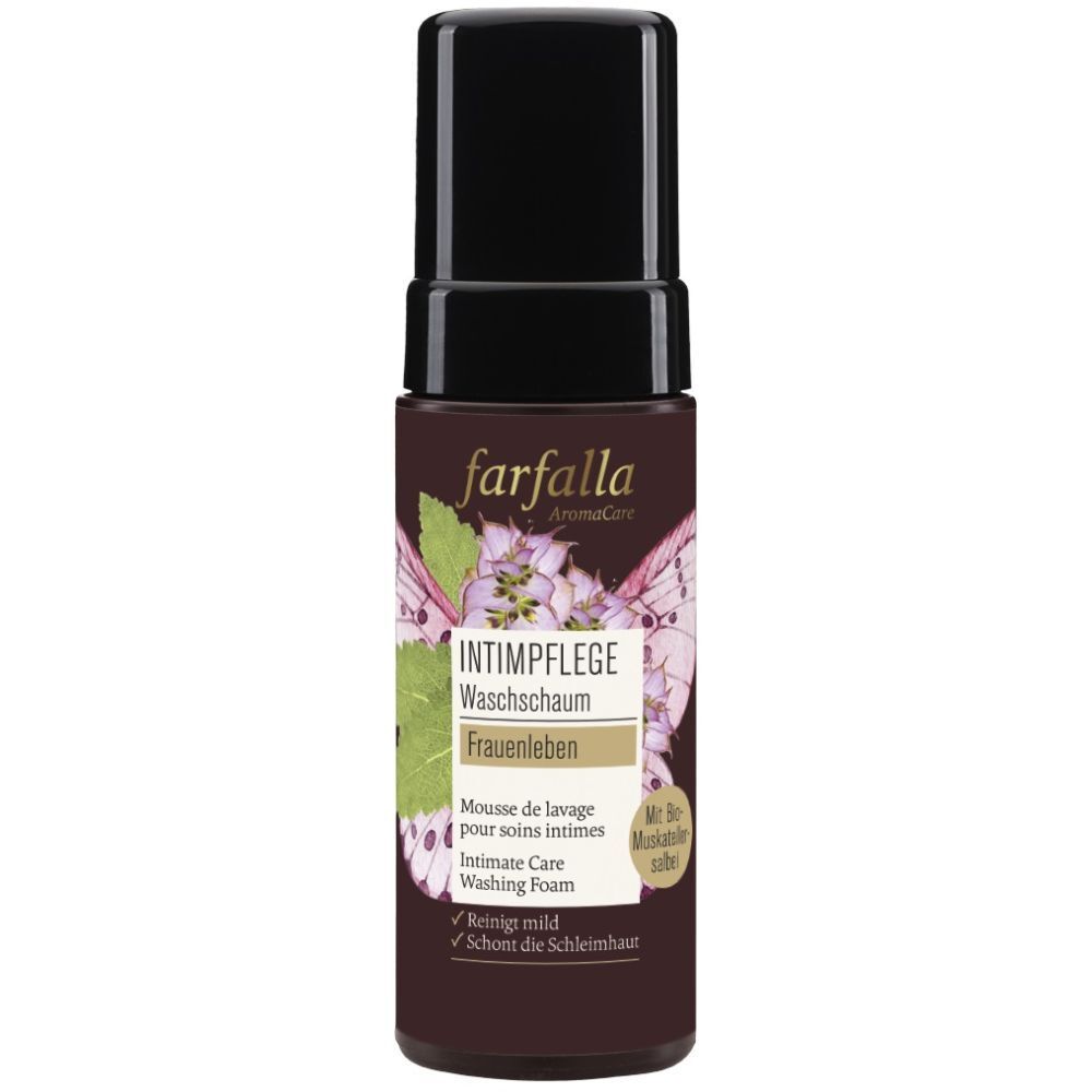 Braune Flasche mit schwarzem Deckel. Aufschrift: Intimpflege, Frauenleben. Logo: farfalla AromaCare. Mit Bio-Qualität.
