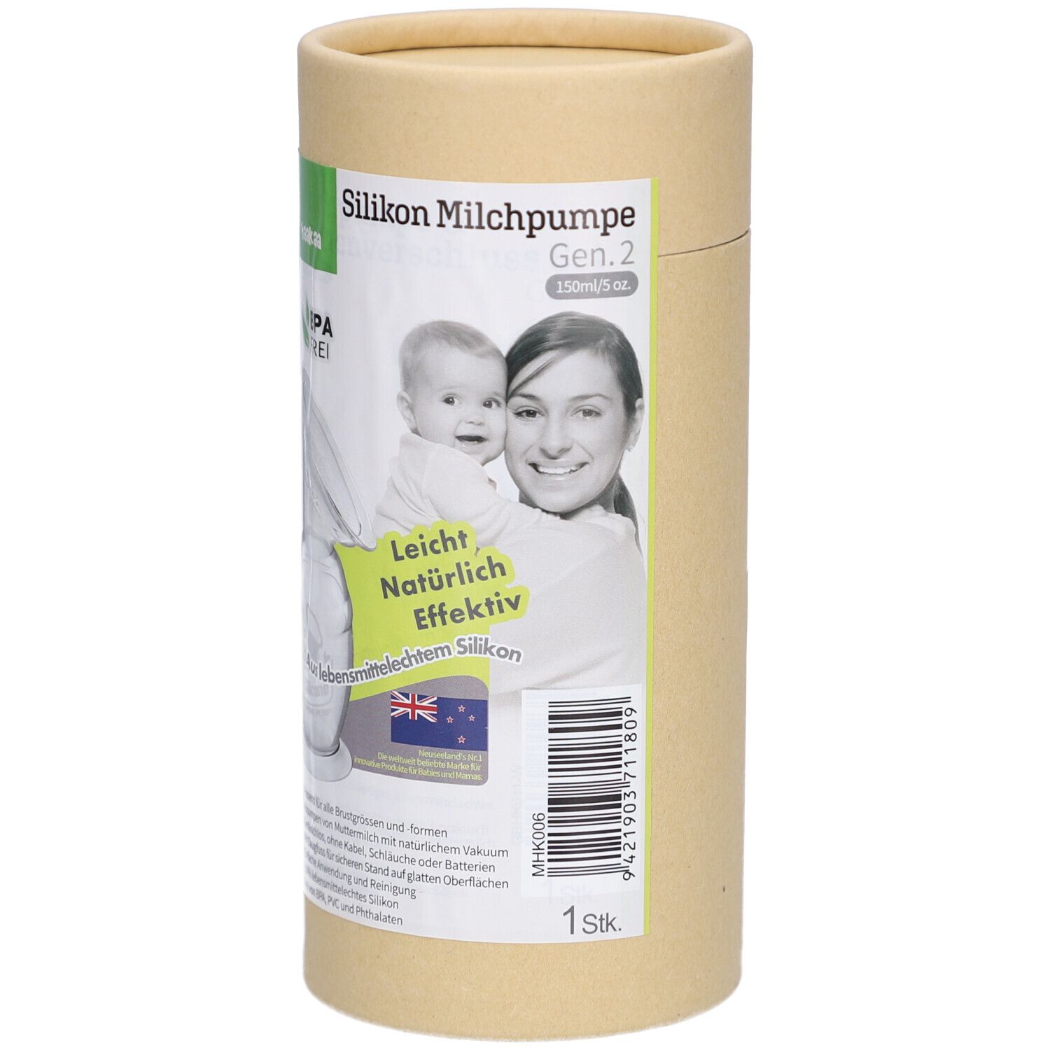 Zylindrische Verpackung. Aufdruck: Silikon Milchpumpe, Baby und Frau, Text. Grün-weißer Aufkleber mit Produktinformationen. 1 Stück.