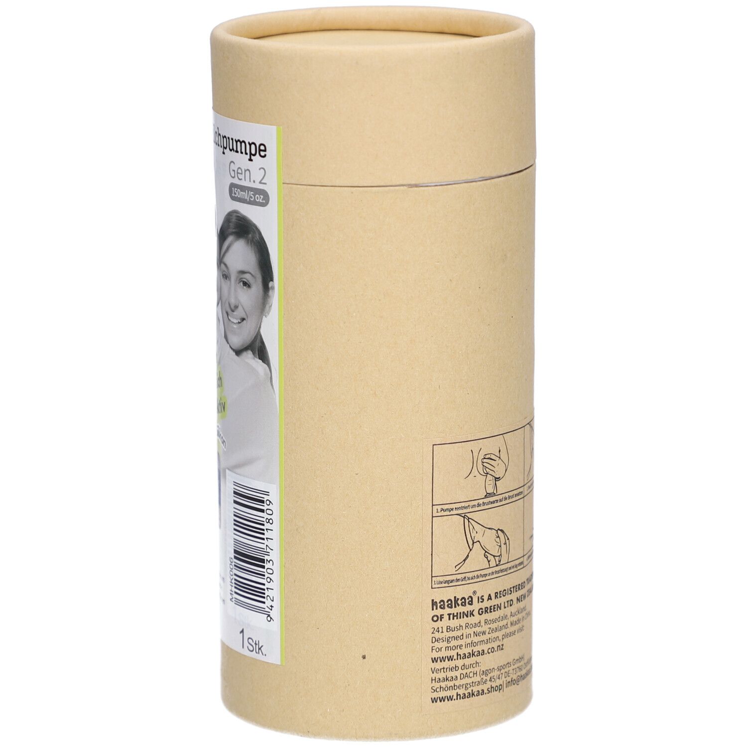 Zylindrische Verpackung. Aufdruck: Silikon Milchpumpe, Frau, Text. Rückseite mit Piktogrammen und Text. Beige und grüne Farbgebung.