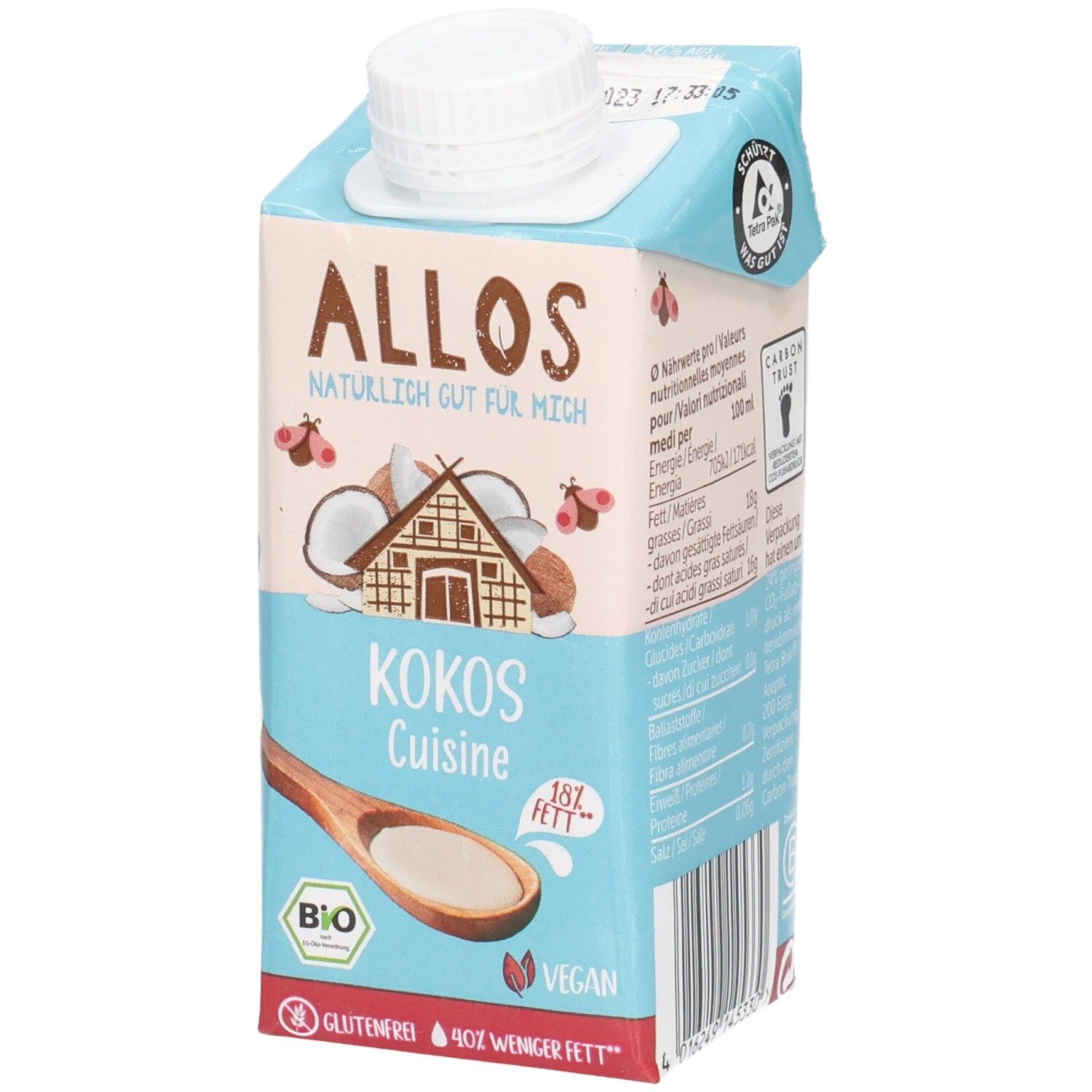 Allos Kokos Cuisine: Kokosnussdrink in Kartonverpackung mit Schraubverschluss. Bio- und vegan-zertifiziert.