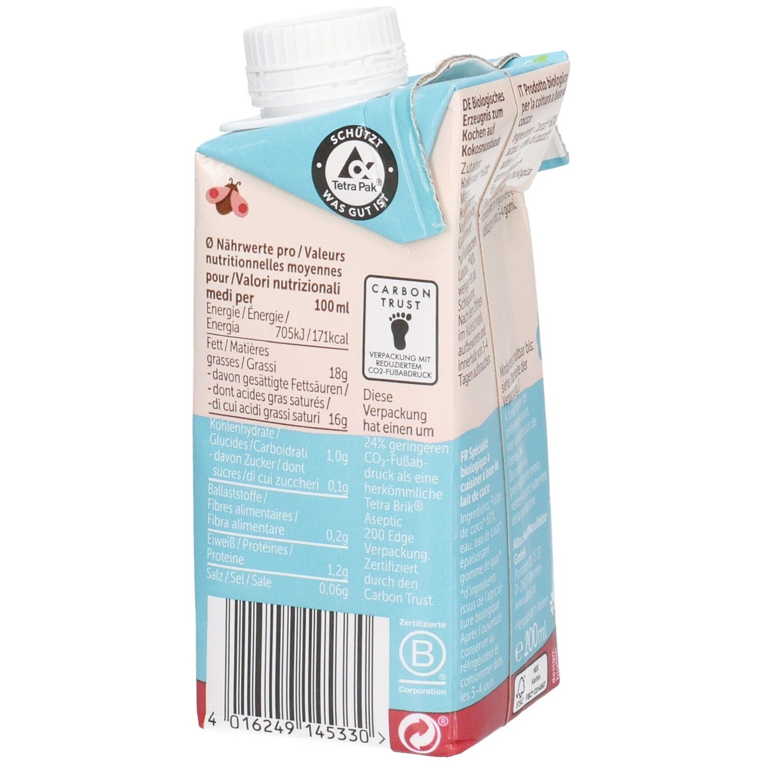 Rückseite der Allos Kokos Cuisine Verpackung. Enthält Nährwertangaben, Carbon Trust-Logo und Tetra Pak-Informationen.