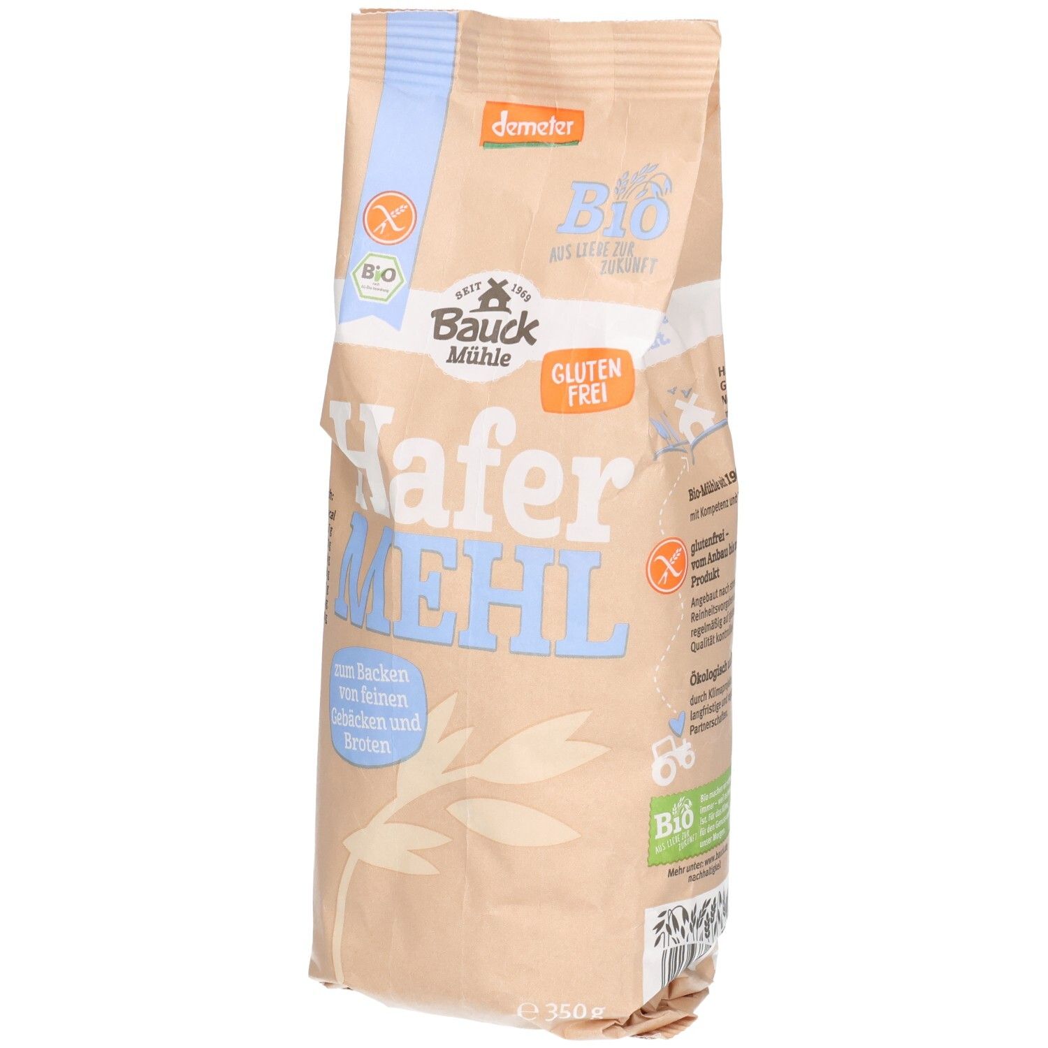 Bauckhof Hafermehl Vollkorn glutenfrei in brauner Papiertüte mit blauen Akzenten. Bio- und Demeter-Siegel sichtbar.