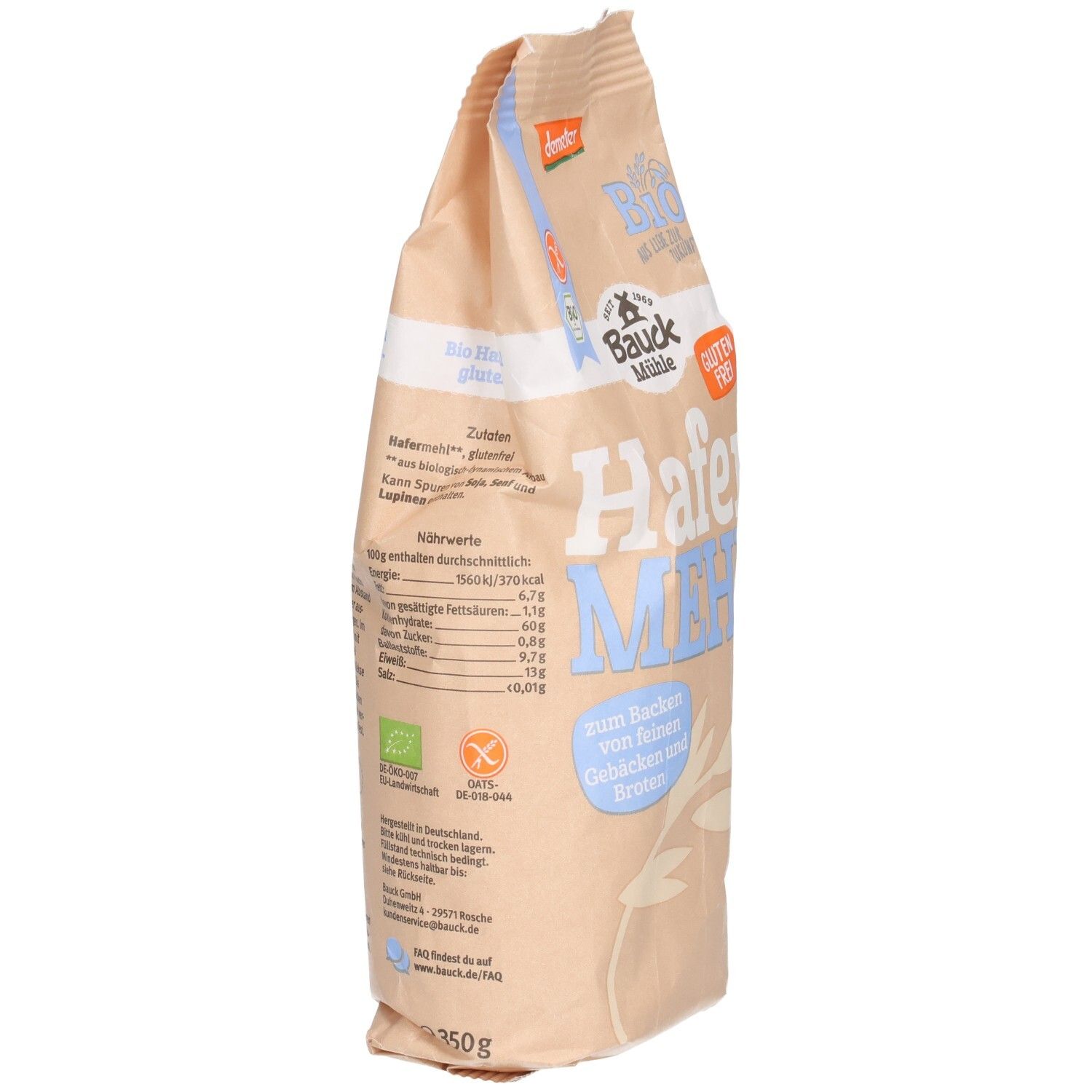 Rückseite der Bauckhof Hafermehl Vollkorn glutenfrei Tüte mit Nährwertangaben und Zutatenliste. Bio-Siegel.