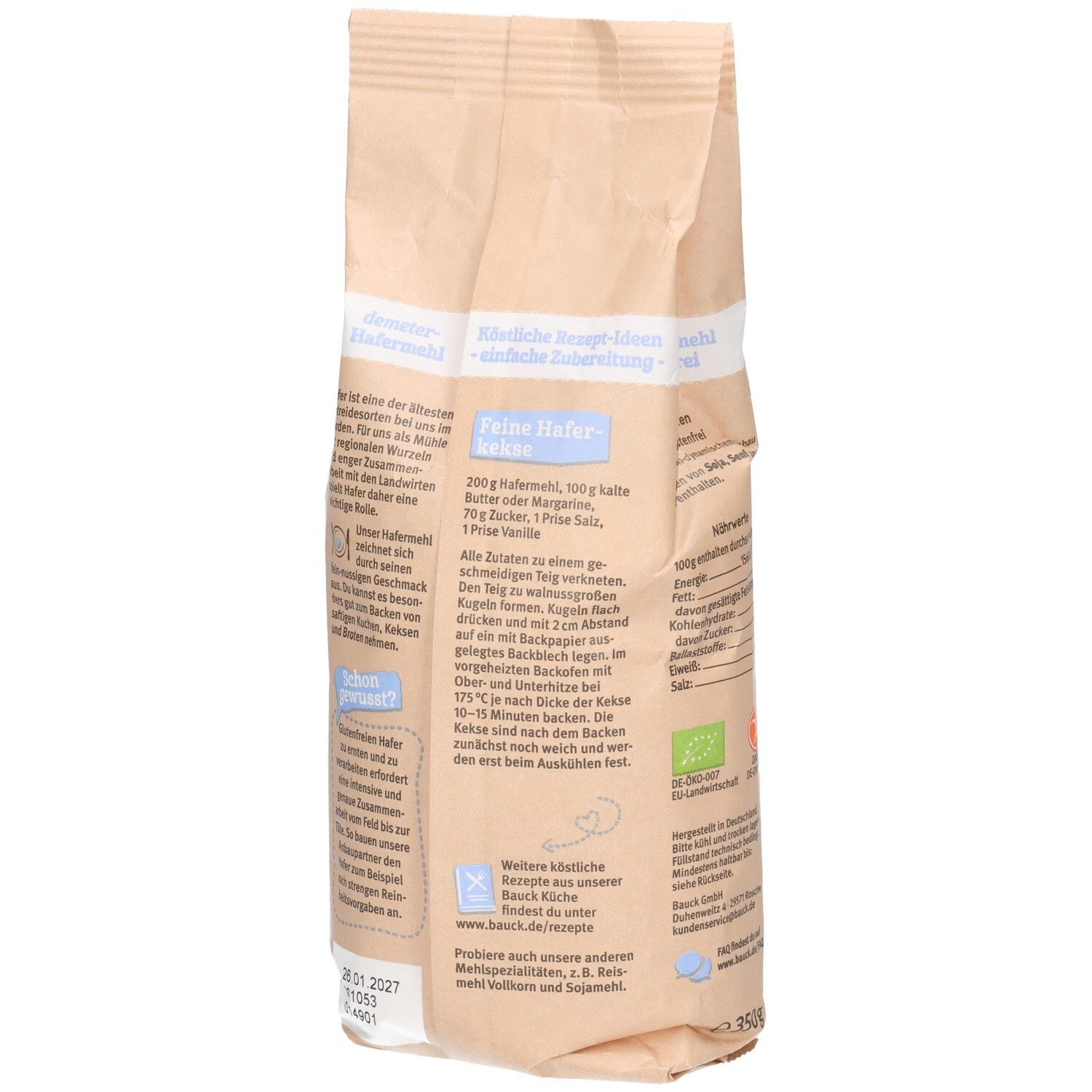 Seitenansicht der Bauckhof Hafermehl Vollkorn glutenfrei Tüte mit Rezepturhinweisen und Bio-Siegel.