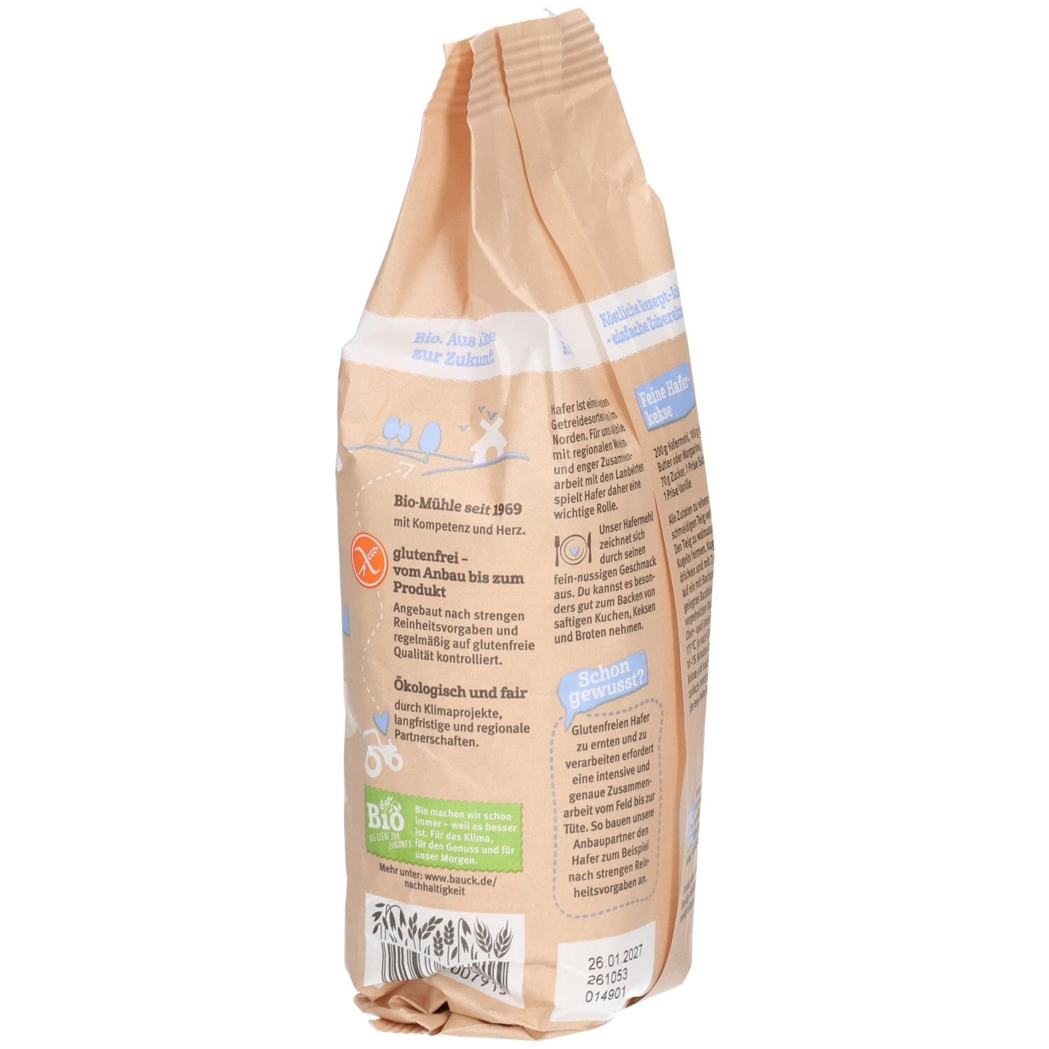 Detailansicht der Bauckhof Hafermehl Vollkorn glutenfrei Tüte mit Fokus auf Bio- und Glutenfrei-Siegeln.