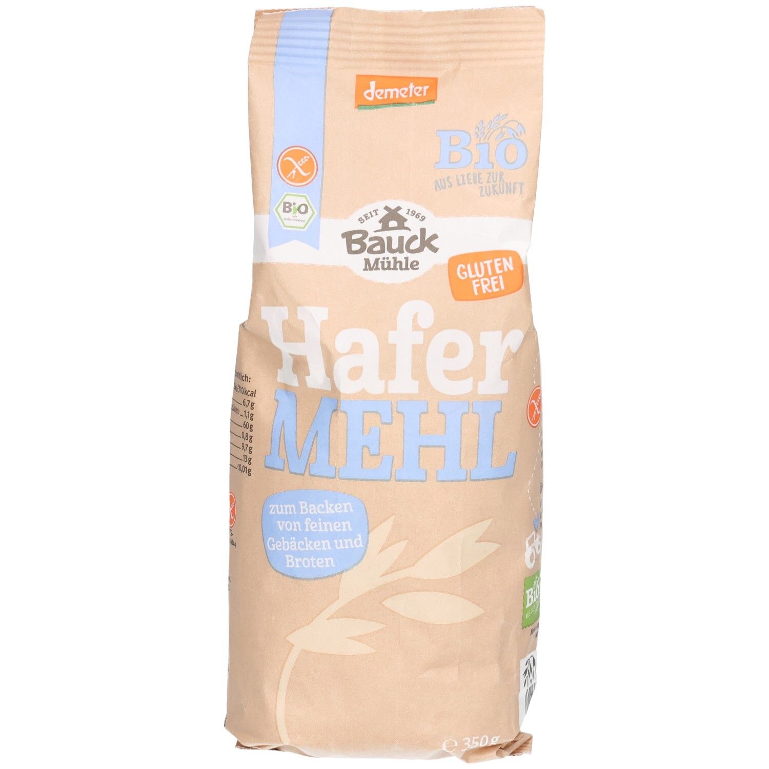 Bauckhof Hafermehl Vollkorn glutenfrei in brauner Papiertüte. Deutlich lesbar: 'Hafer MEHL', 'Gluten Frei'.