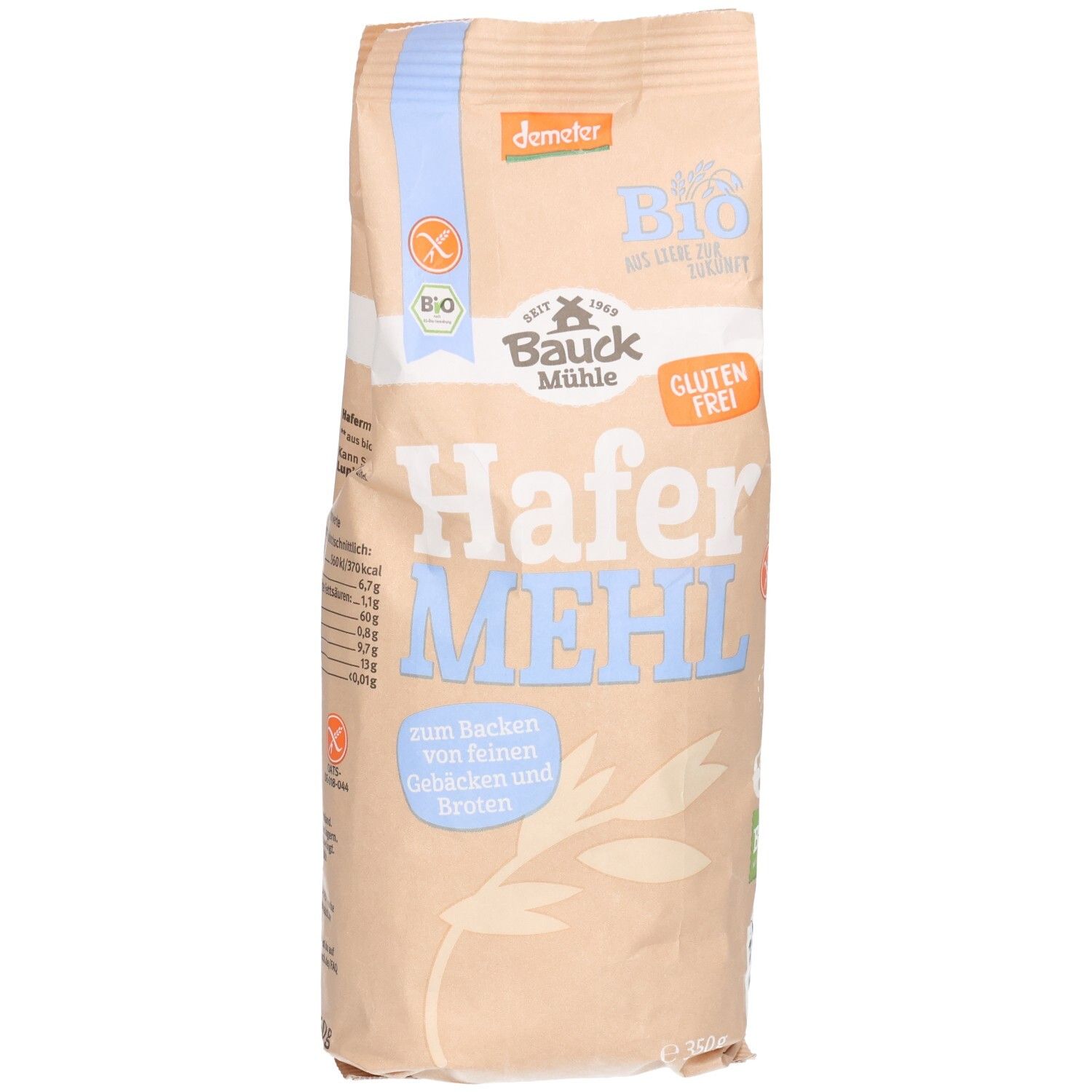 Bauckhof Hafermehl Vollkorn glutenfrei in brauner Papiertüte. 'Hafer MEHL' und 'Gluten Frei' sind gut sichtbar.