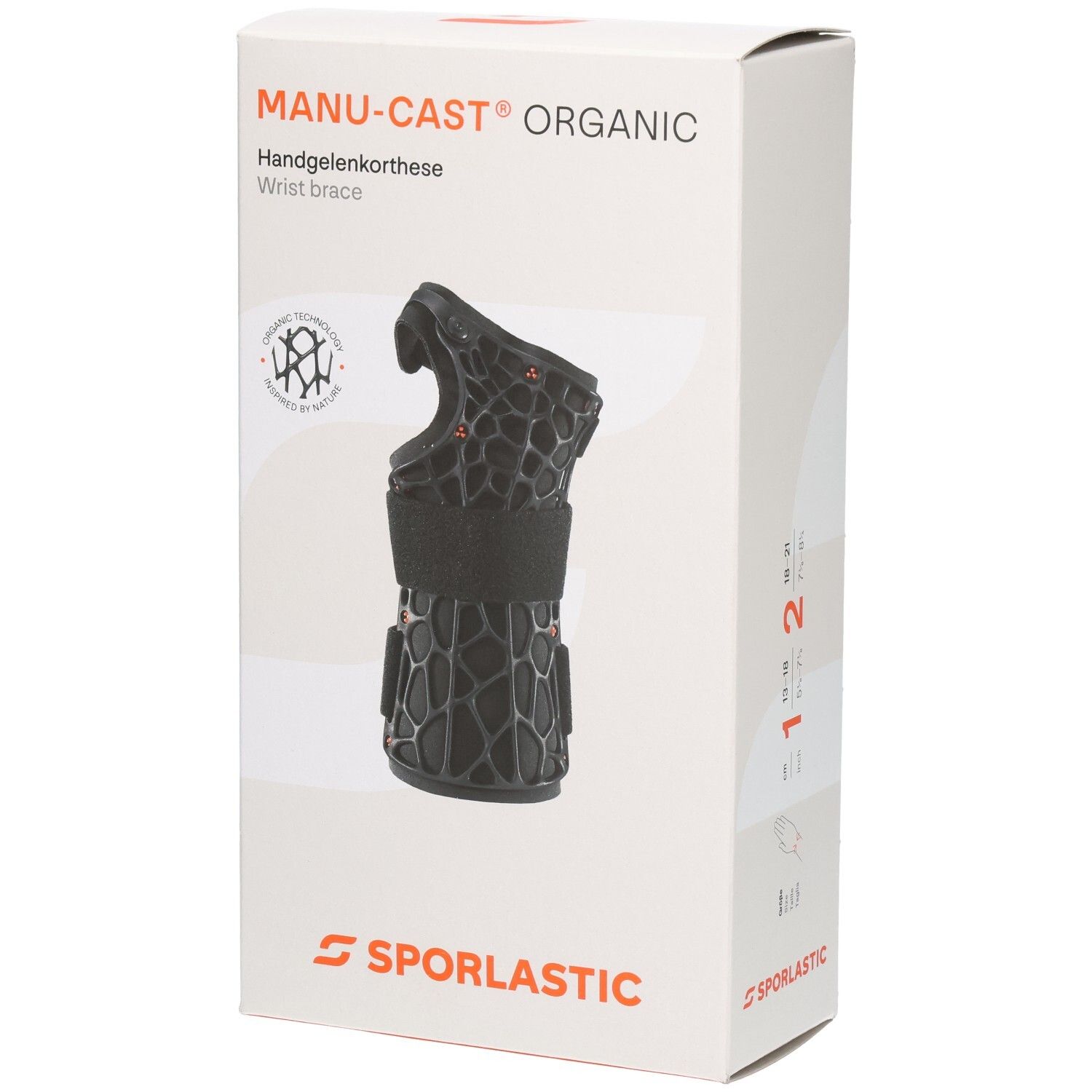 Verpackung der Sporlastic Manu-Cast Organic Handgelenkorthese mit Produktabbildung.