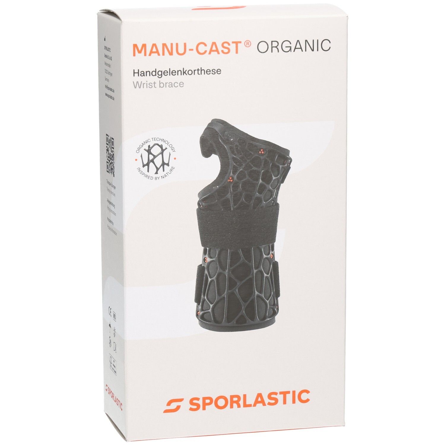 Verpackung der Sporlastic Manu-Cast Organic Handgelenkorthese, Vorderansicht.