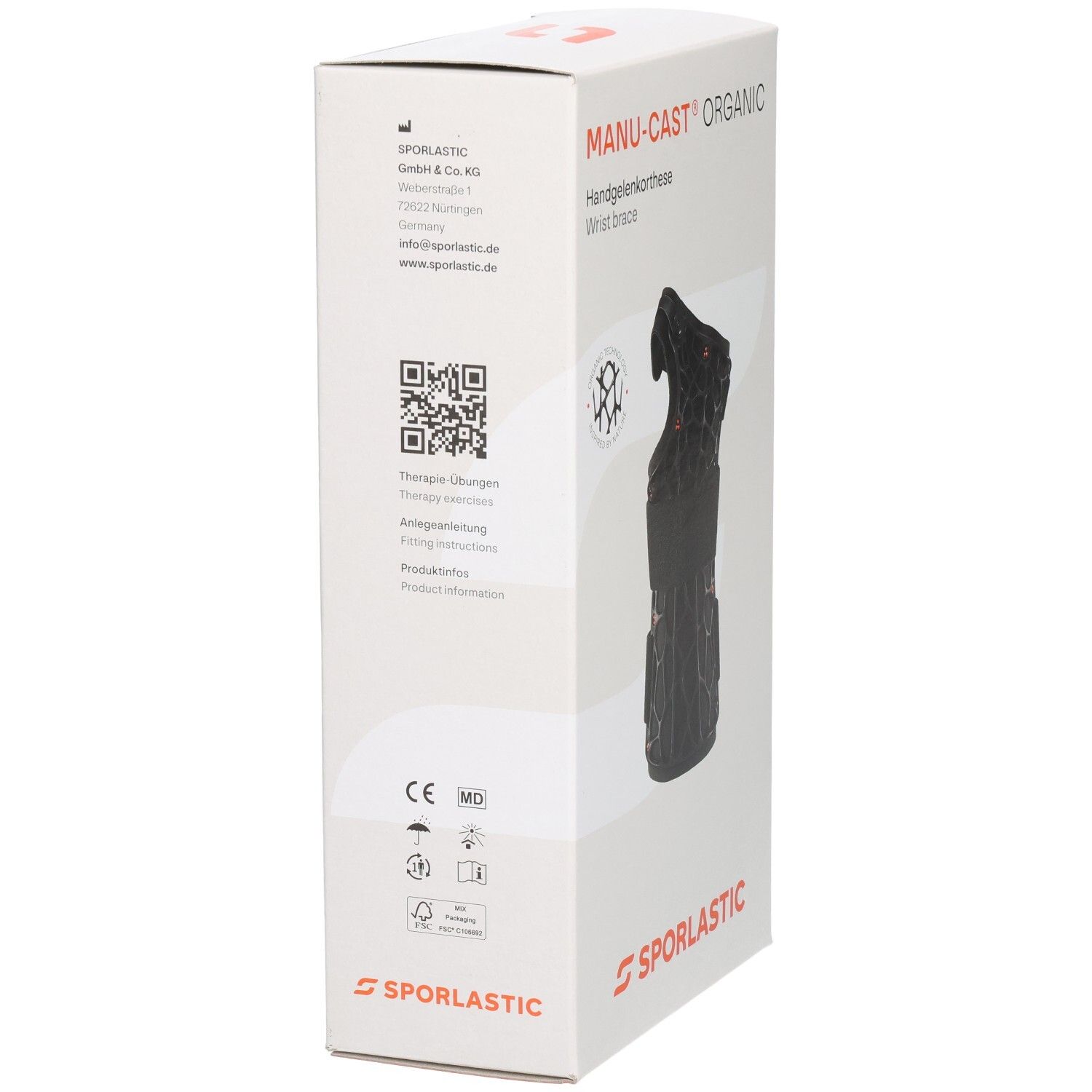 Seitenansicht der Verpackung der Sporlastic Manu-Cast Organic Handgelenkorthese mit CE-Kennzeichnung und Herstellerinformationen.