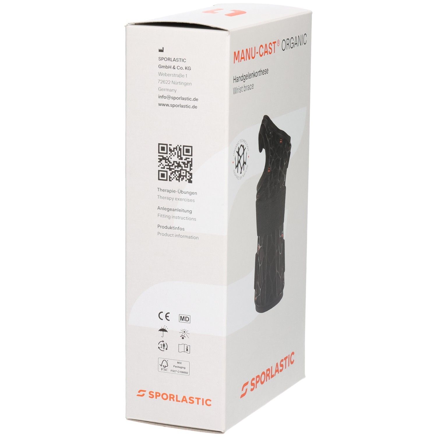 Rückseite der Sporlastic Manu-Cast Organic Verpackung mit CE- und MD-Kennzeichnung sowie QR-Code.