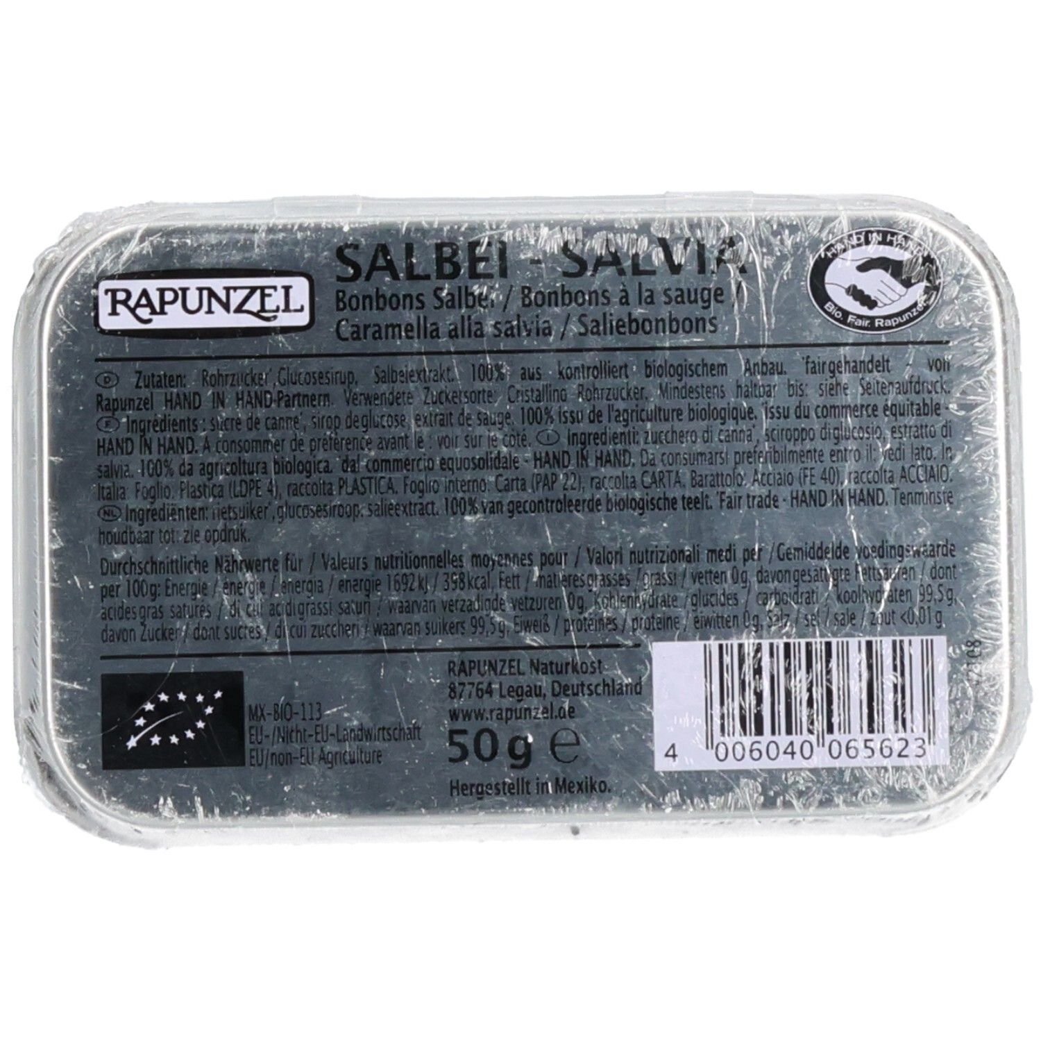 Dose mit "Rapunzel"-Logo und "Salbei Salvia". Text in mehreren Sprachen. 50g-Angabe. Barcode.