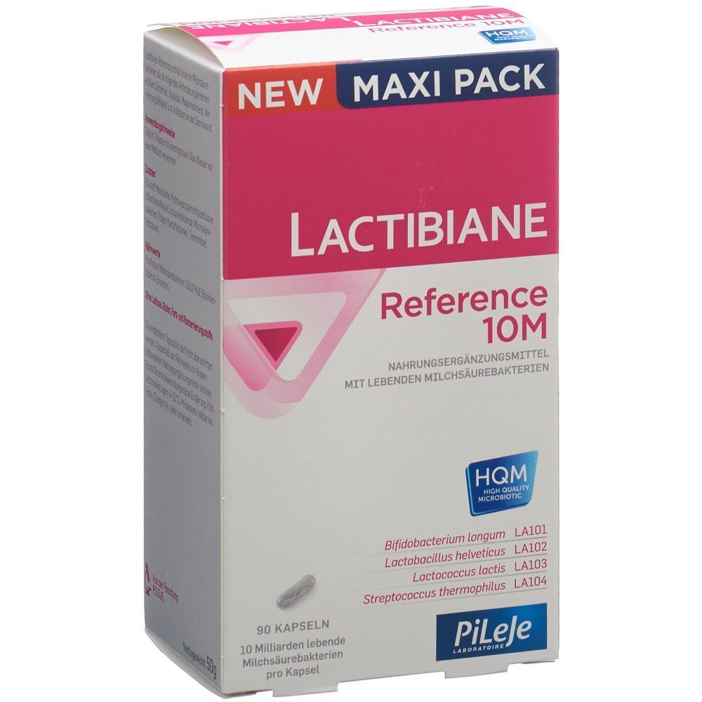 Verpackung von LACTIBIANE Referenz 10M. Weiß-rosa Karton mit Produktnamen und Logo. Enthält 90 Kapseln.