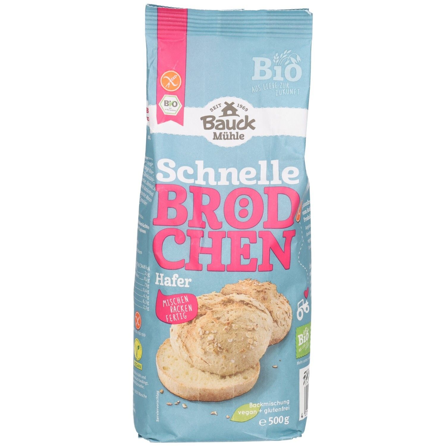 Bauckhof Schnelle Brötchen Hafer Backmischung, glutenfrei, 500g, mit Abbildung von Brötchen.