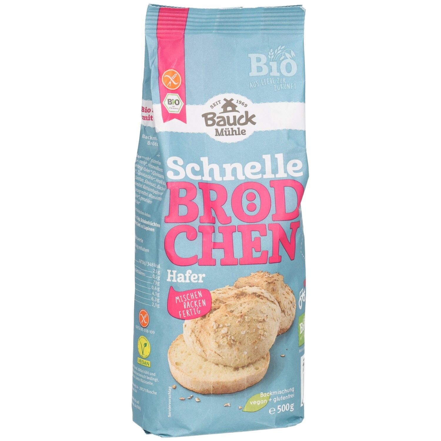 Bauckhof Schnelle Brötchen Hafer Backmischung, glutenfrei, 500g, mit Abbildung von Brötchen.