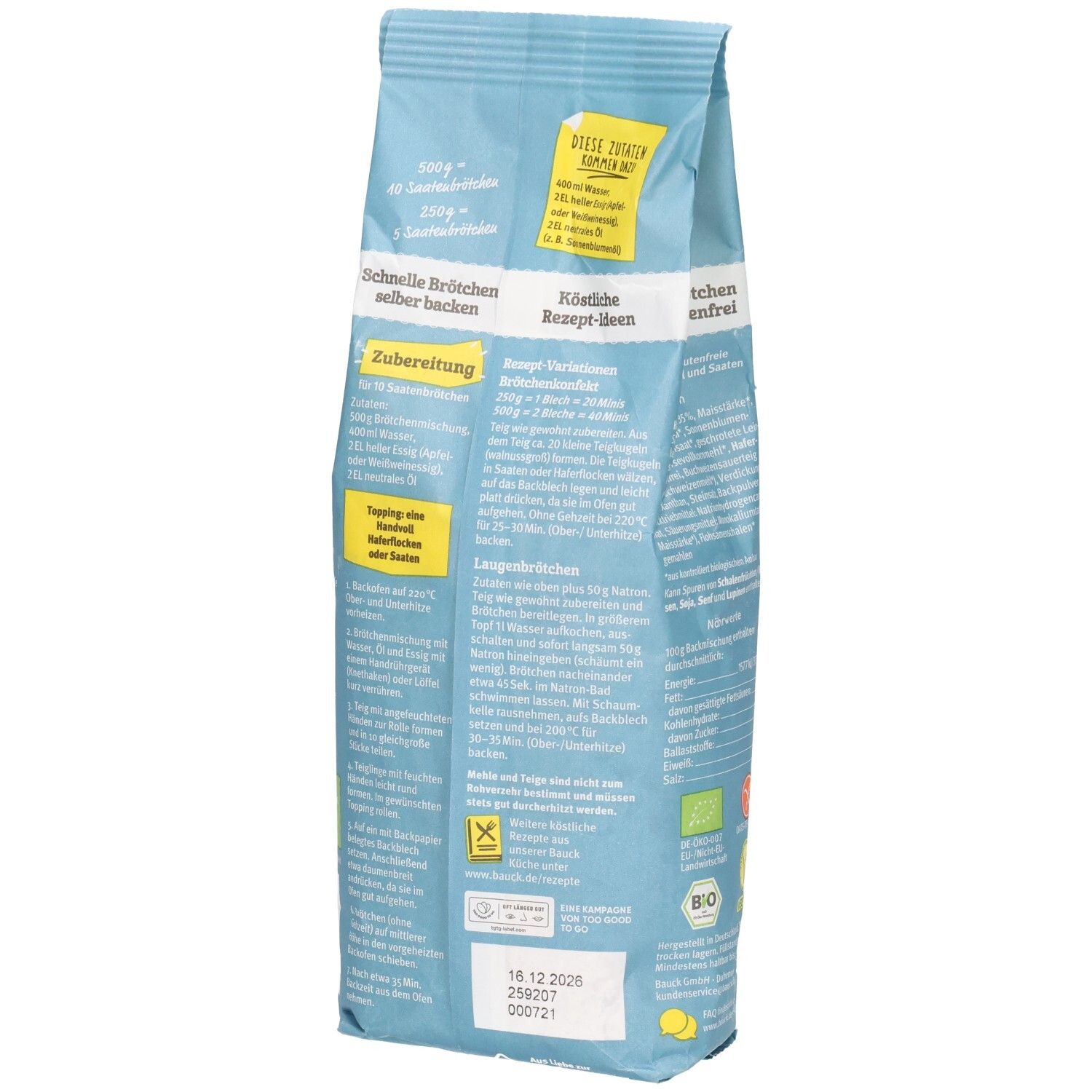 Rückseite der Verpackung mit Zubereitungshinweisen für "Schnelle Brötchen". Text, Bio-Siegel und Mindesthaltbarkeitsdatum.