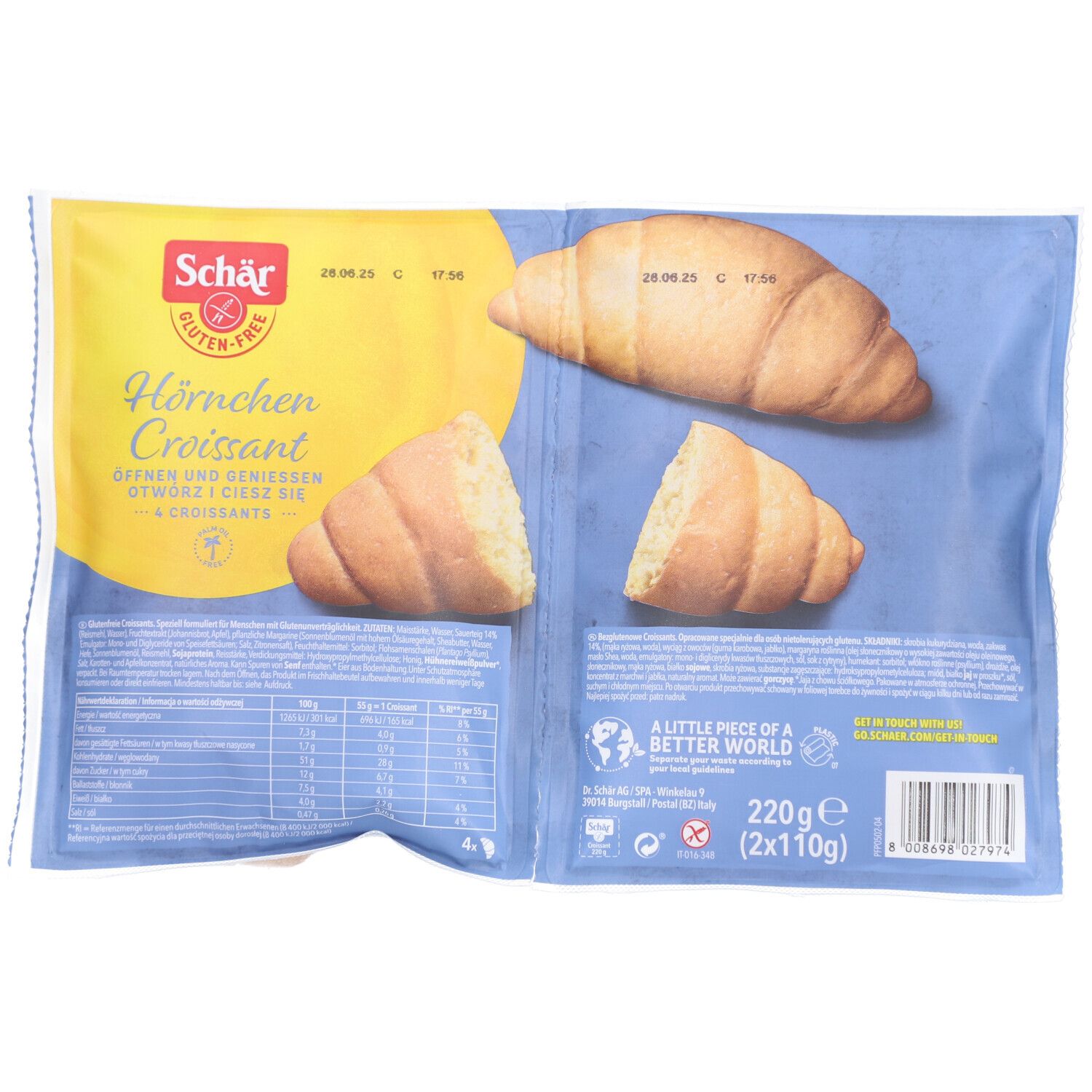 Verpackung mit zwei Croissant Hörnchen. Glutenfrei. Aufschrift: Schär. Geöffnet und genießen. Nährwerttabelle.