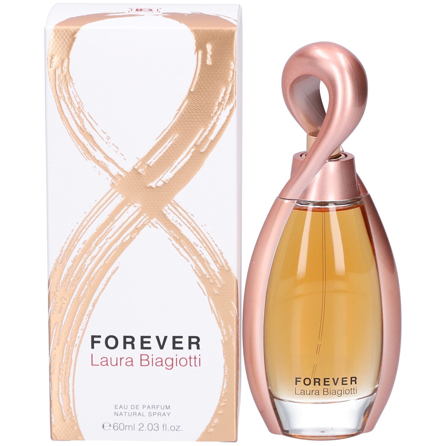Parfümflasche mit rosafarbenem Metallrahmen und goldfarbenem Inhalt. Auf der Verpackung steht "FOREVER Laura Biagiotti".
