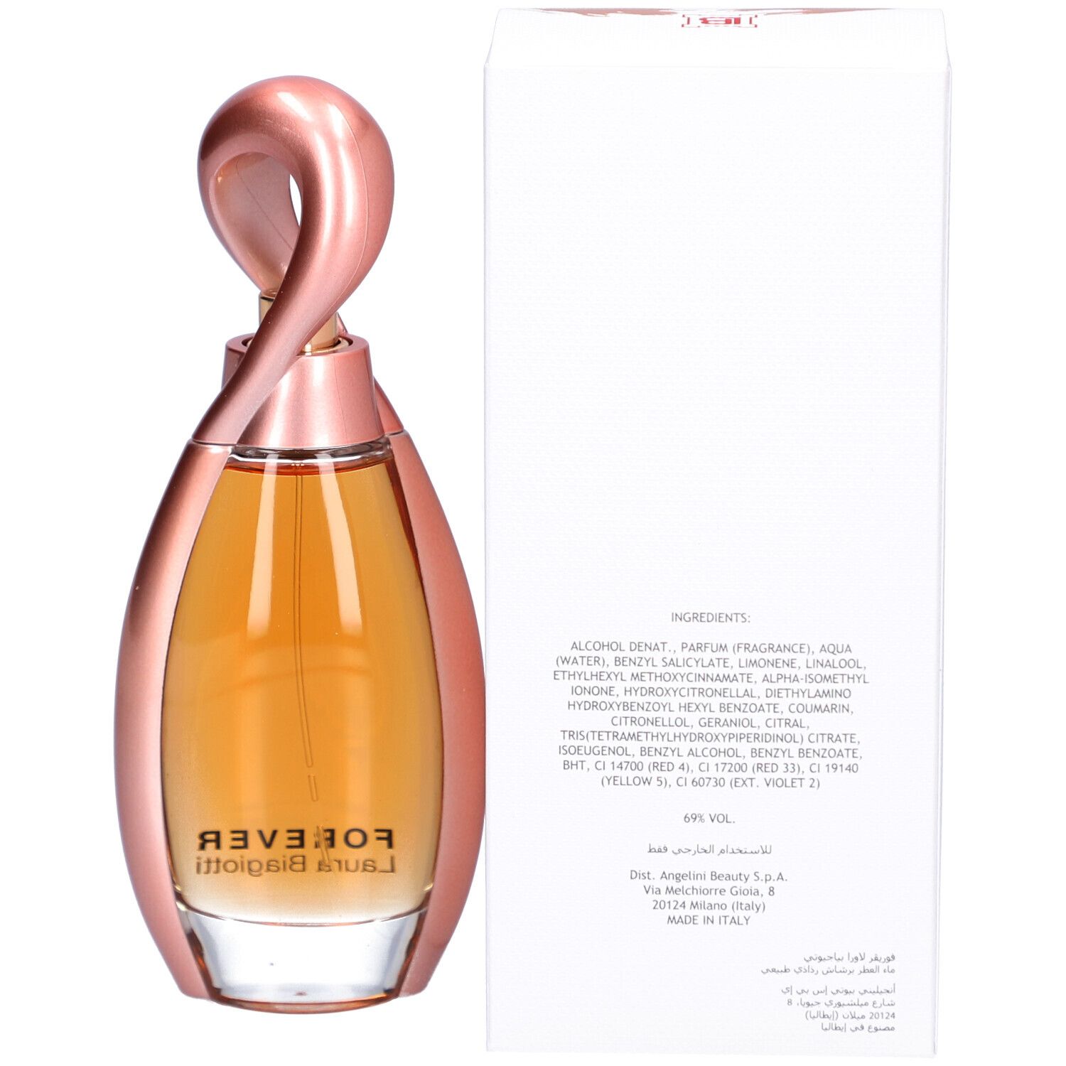 Parfümflasche mit rosafarbenem Metallrahmen und goldfarbenem Inhalt. Auf der Verpackung steht "FOREVER Laura Biagiotti".