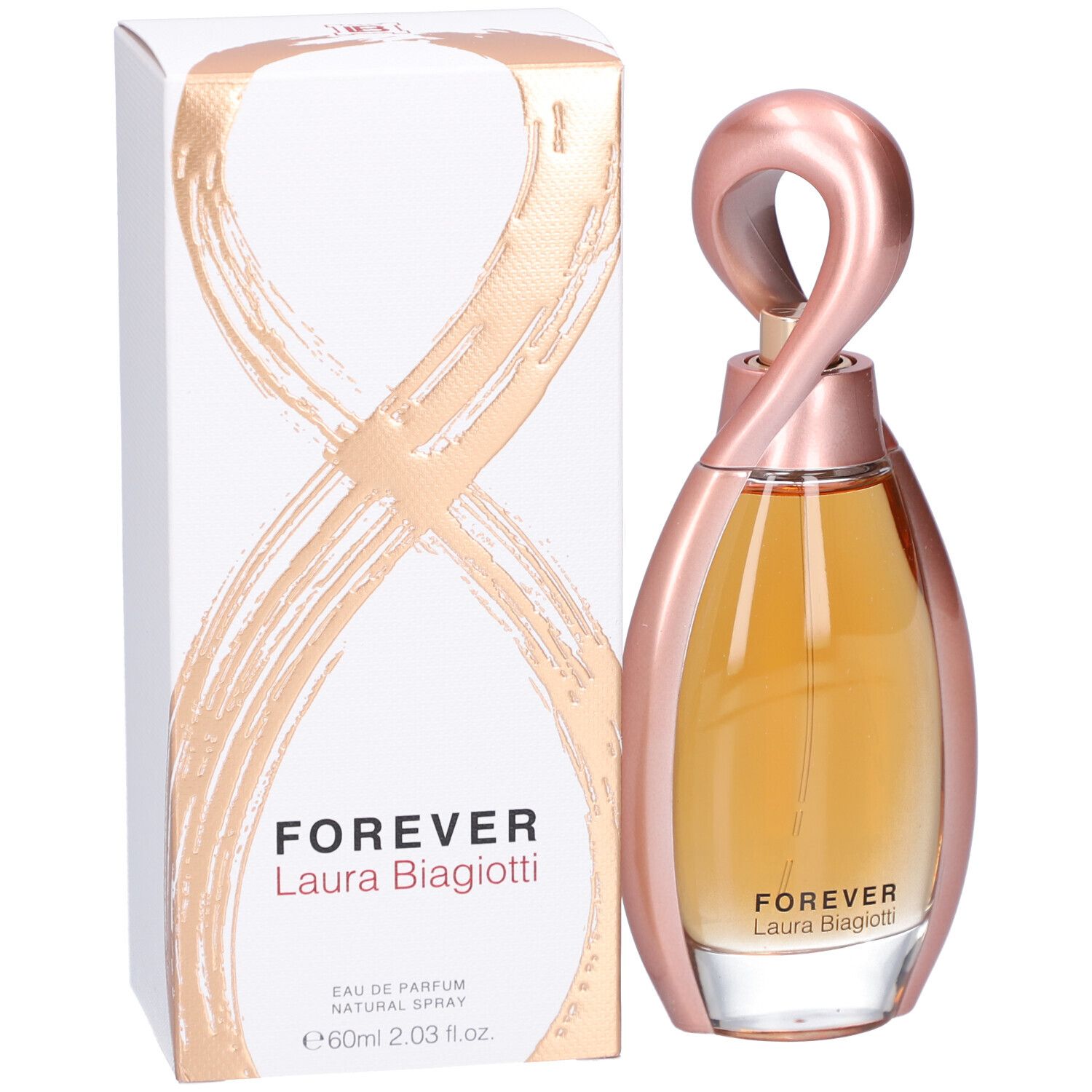 Parfümflasche mit rosafarbenem Metallrahmen und goldfarbenem Inhalt. Auf der Verpackung steht "FOREVER Laura Biagiotti".
