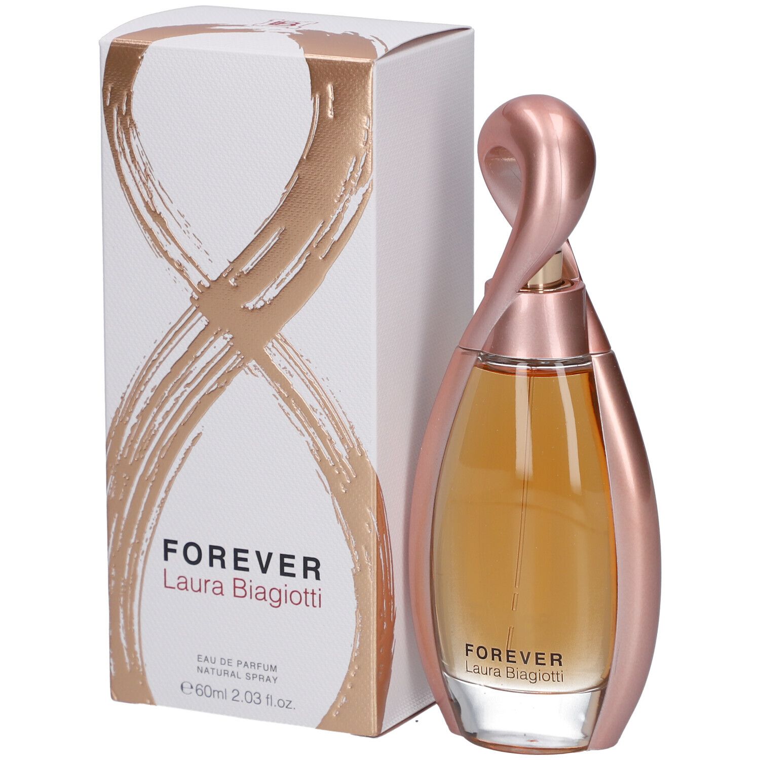 Parfümflasche mit rosafarbenem Metallrahmen und goldfarbenem Inhalt. Auf der Verpackung steht "FOREVER Laura Biagiotti".