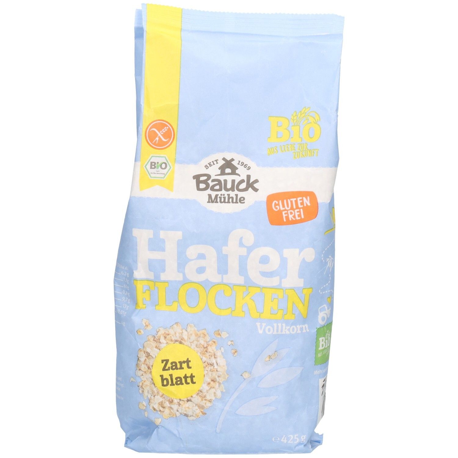 Hellblaue Tüte mit Haferflocken. Aufdruck: Bauck Mühle, Haferflocken Vollkorn Zartblatt glutenfrei. Bio-Siegel und Glutenfrei-Logo.