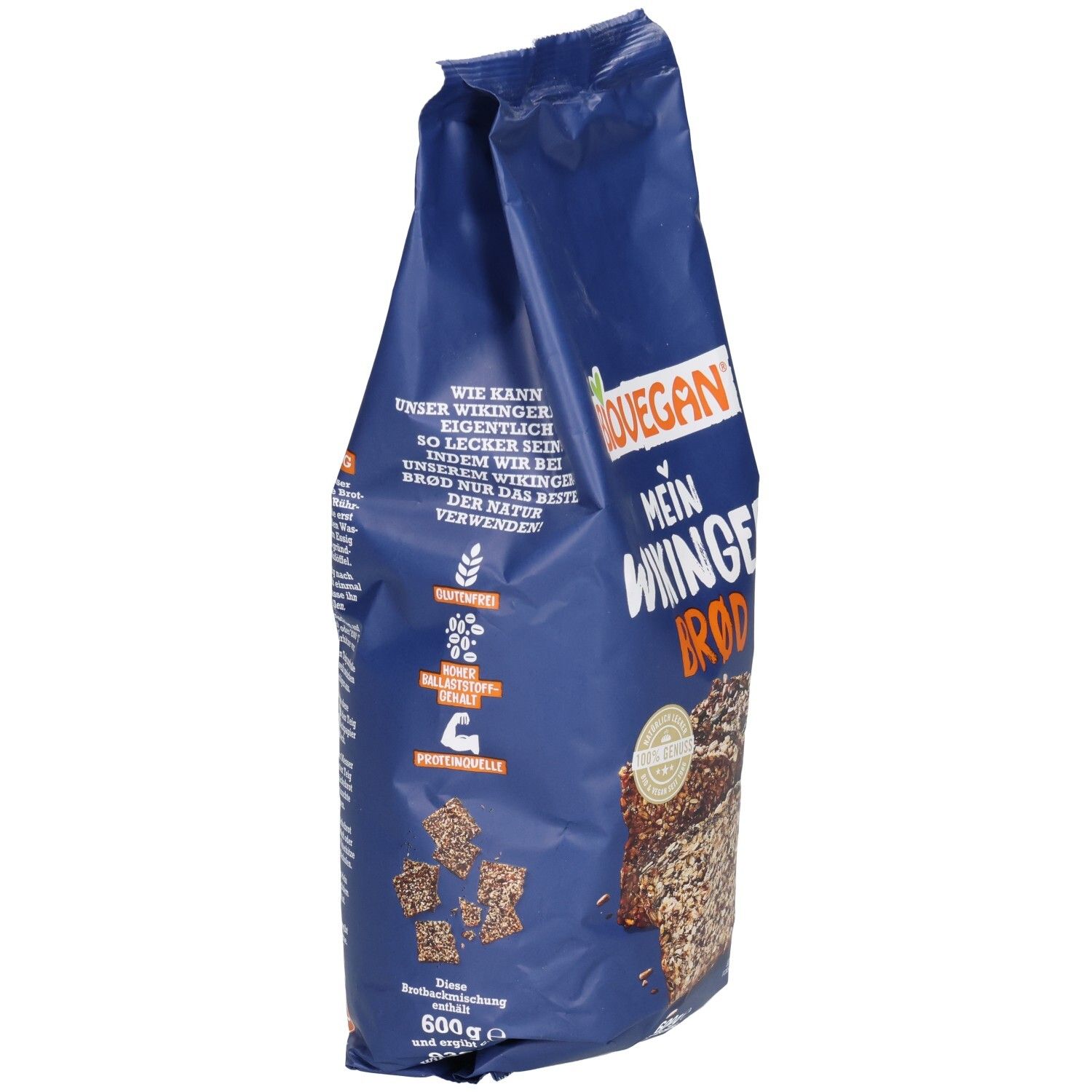 Blaue Verpackung, Seitenansicht. Text: Wie unser Wikinger Brot... Biovegan-Logo. Produktname: Mein Wikinger Brod. Vegan, glutenfrei.