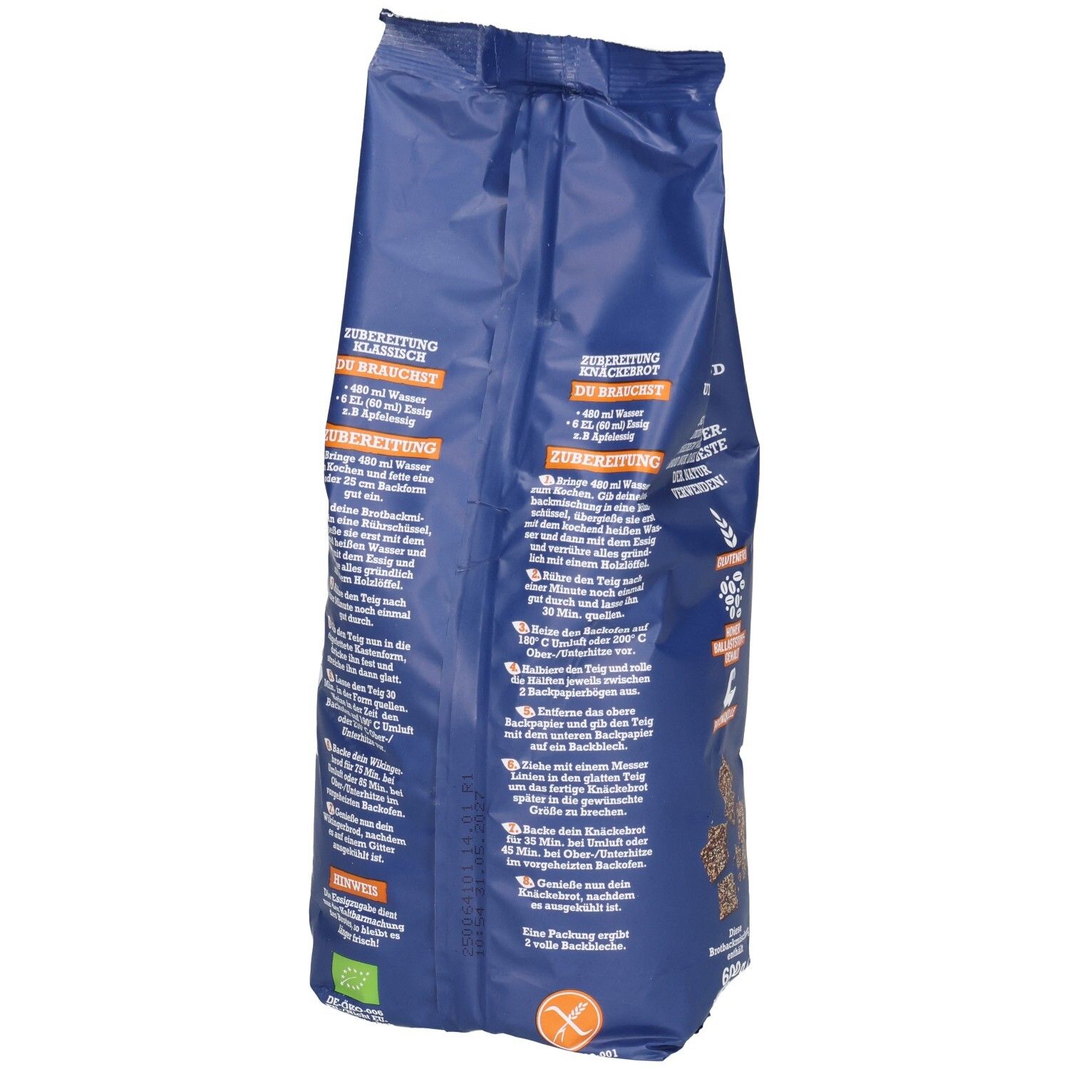 Blaue Verpackung, Rückseite. Zubereitungshinweise für Brot. Text und Illustrationen. Bio-Siegel und glutenfrei-Symbol.