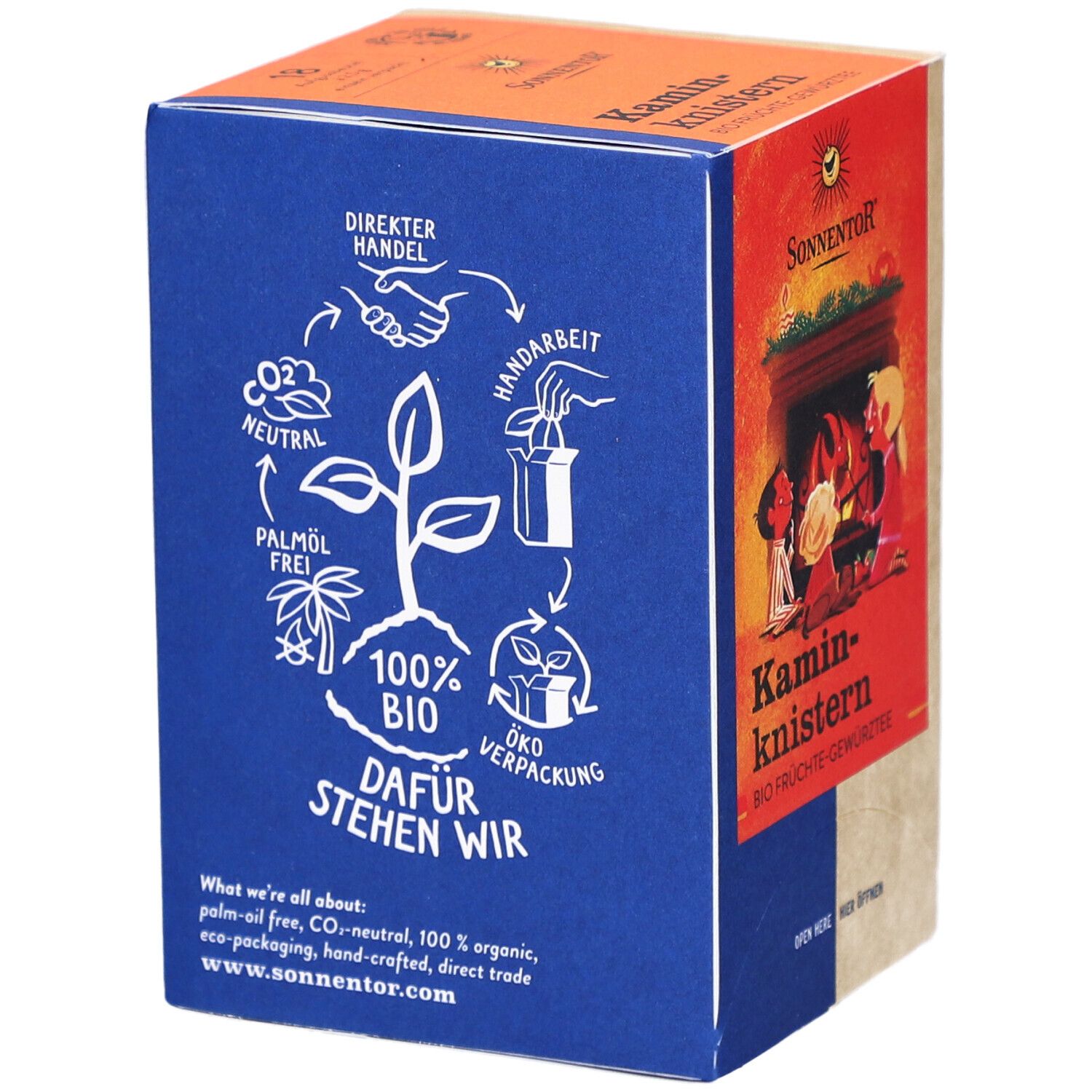 Blaue Seite der Teebox. Logos für CO2-neutral, Palmölfrei, 100% Bio, Öko-Verpackung. Text: Dafür stehen wir.