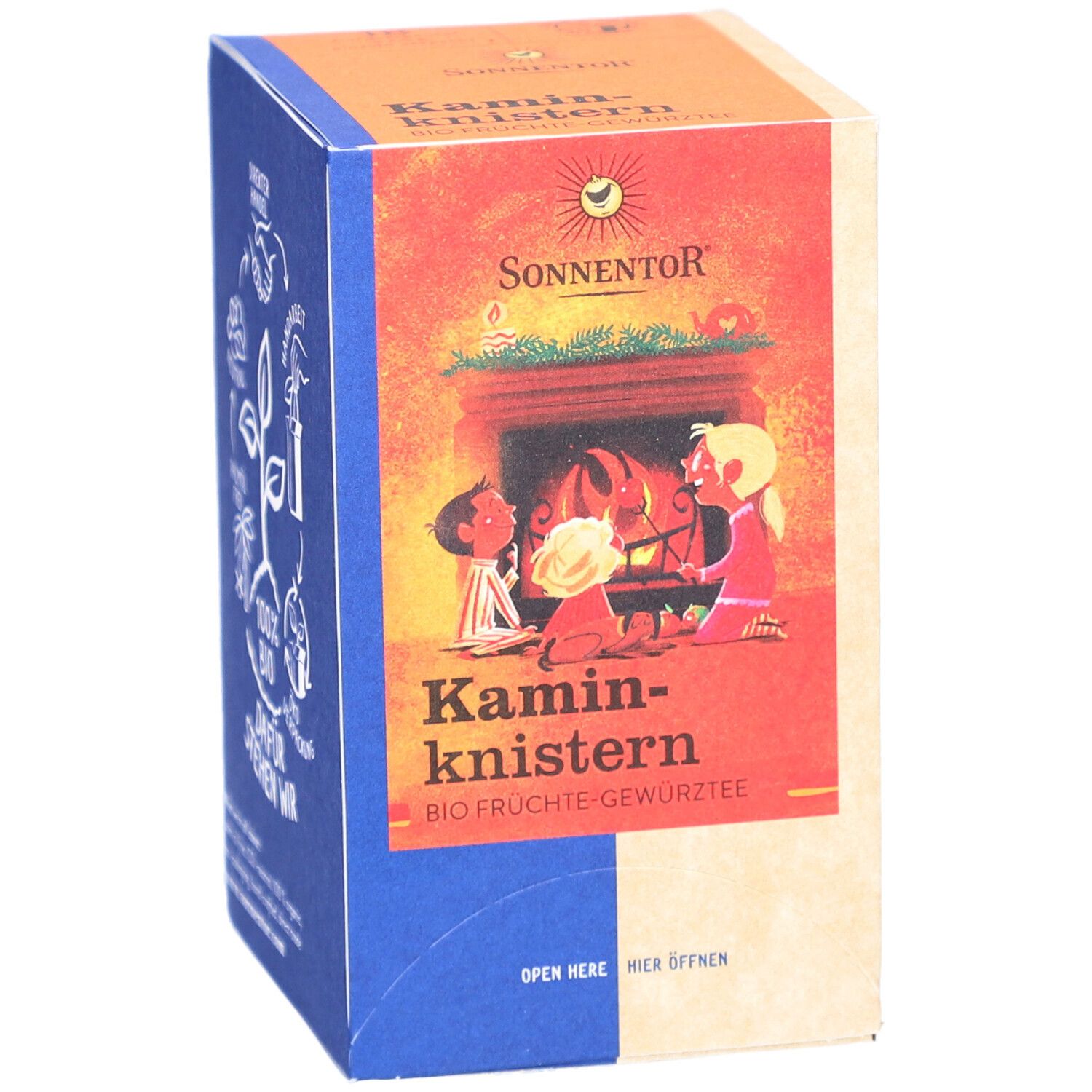 Vorderseite der Teebox. Sonnentor Logo und Kaminknistern. Kinder am Kaminfeuer. Bio Früchte-Gewürztee.