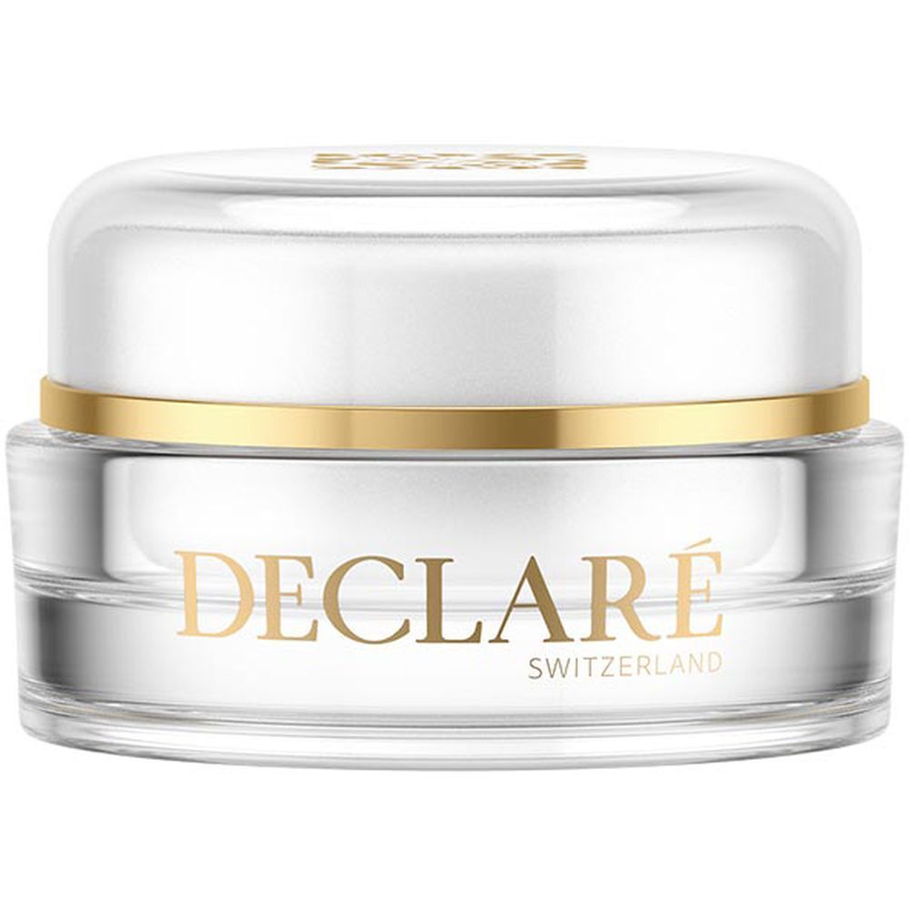 Runder, klarer Tiegel mit weißem Deckel und goldenem Ring. DECLARÉ-Schriftzug in Gold. Aufschrift: SWITZERLAND.