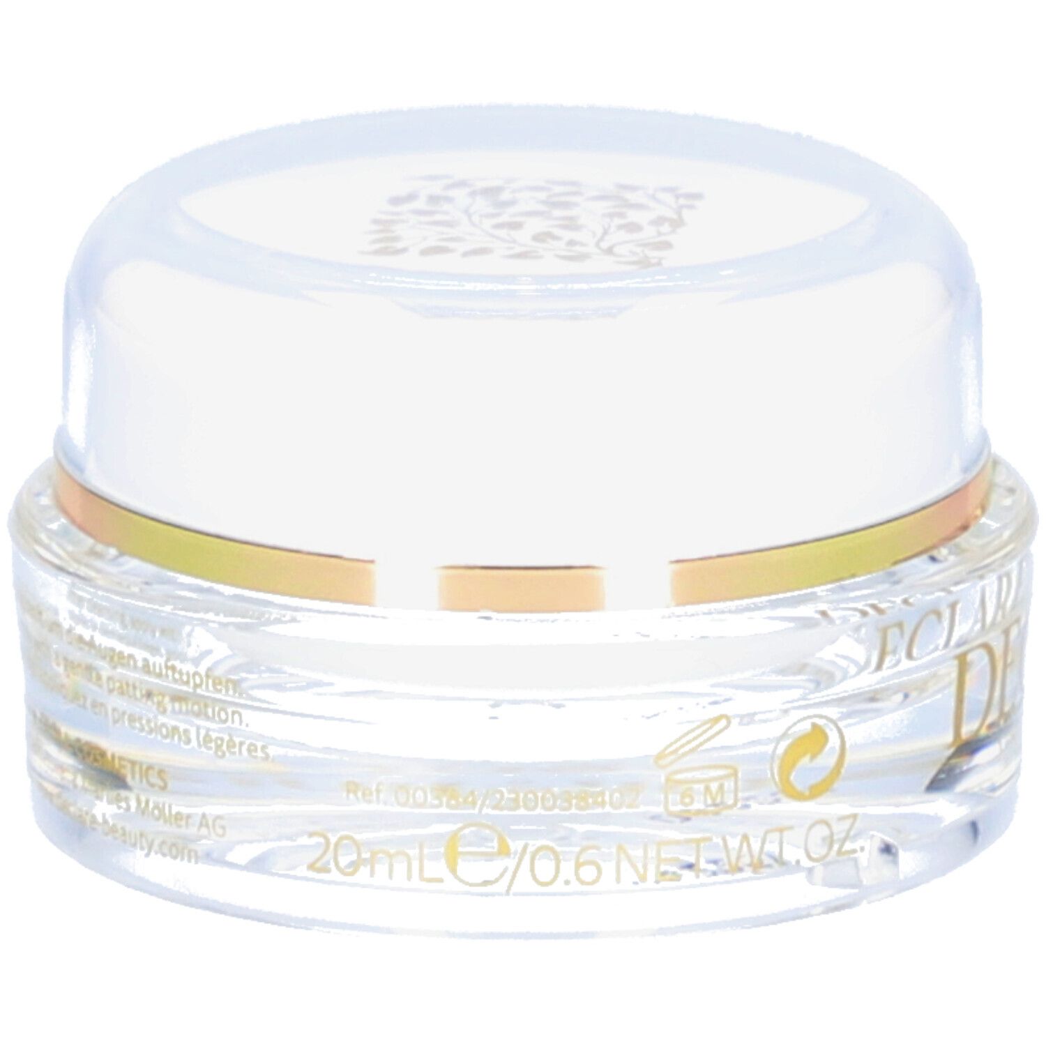 Klarer Tiegel mit weißem Deckel und goldenem Ring. DECLARE Schriftzug. 20ml/0.6 NET WT. Produkt für die Augenpartie.