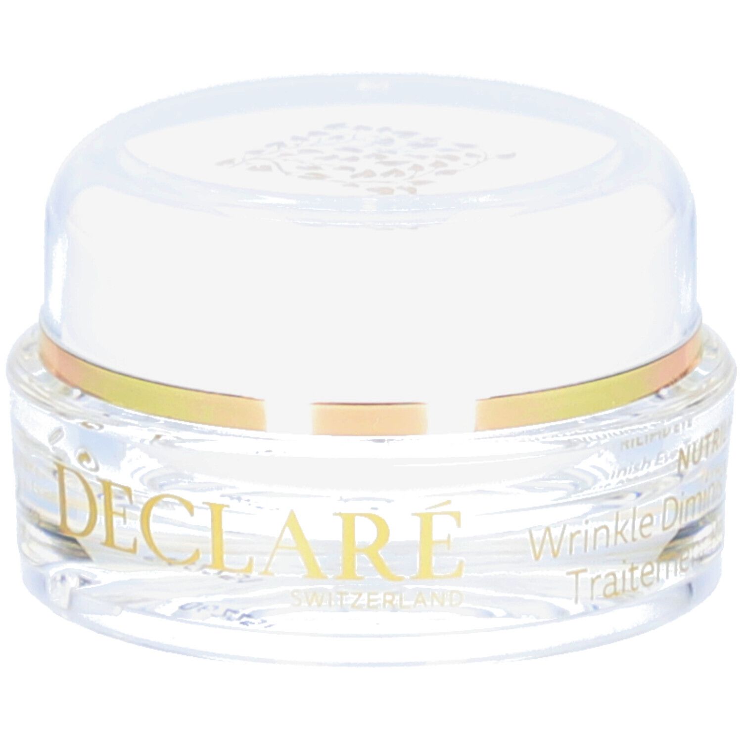Klarer Tiegel mit weißem Deckel und goldenem Ring. DECLARE SWITZERLAND Schriftzug. Produkt für die Augenpartie.