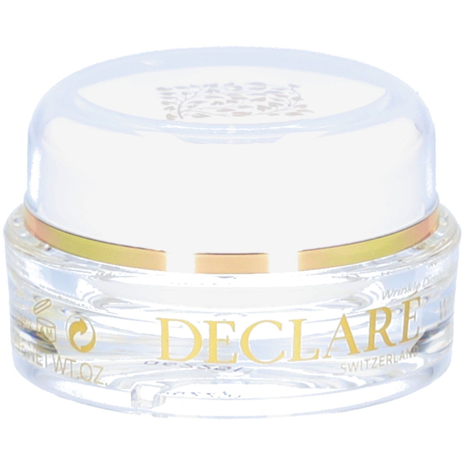 Klarer Tiegel mit weißem Deckel und goldenem Ring. DECLARE SWITZERLAND Schriftzug. Produkt für die Augenpartie.