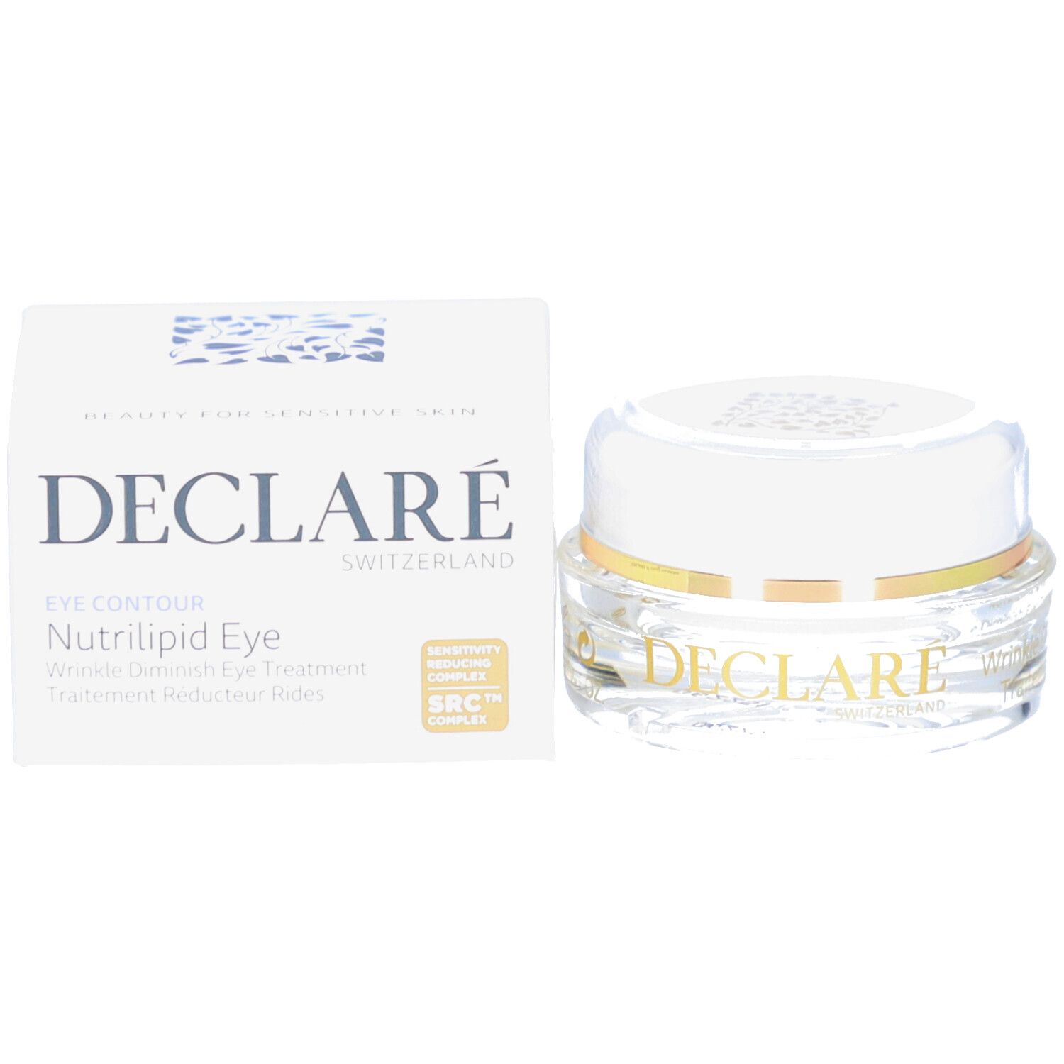 Produktverpackung und Tiegel. Verpackung mit DECLARE Schriftzug. Tiegel mit weißem Deckel und goldenem Ring. Produkt für die Augenpartie.