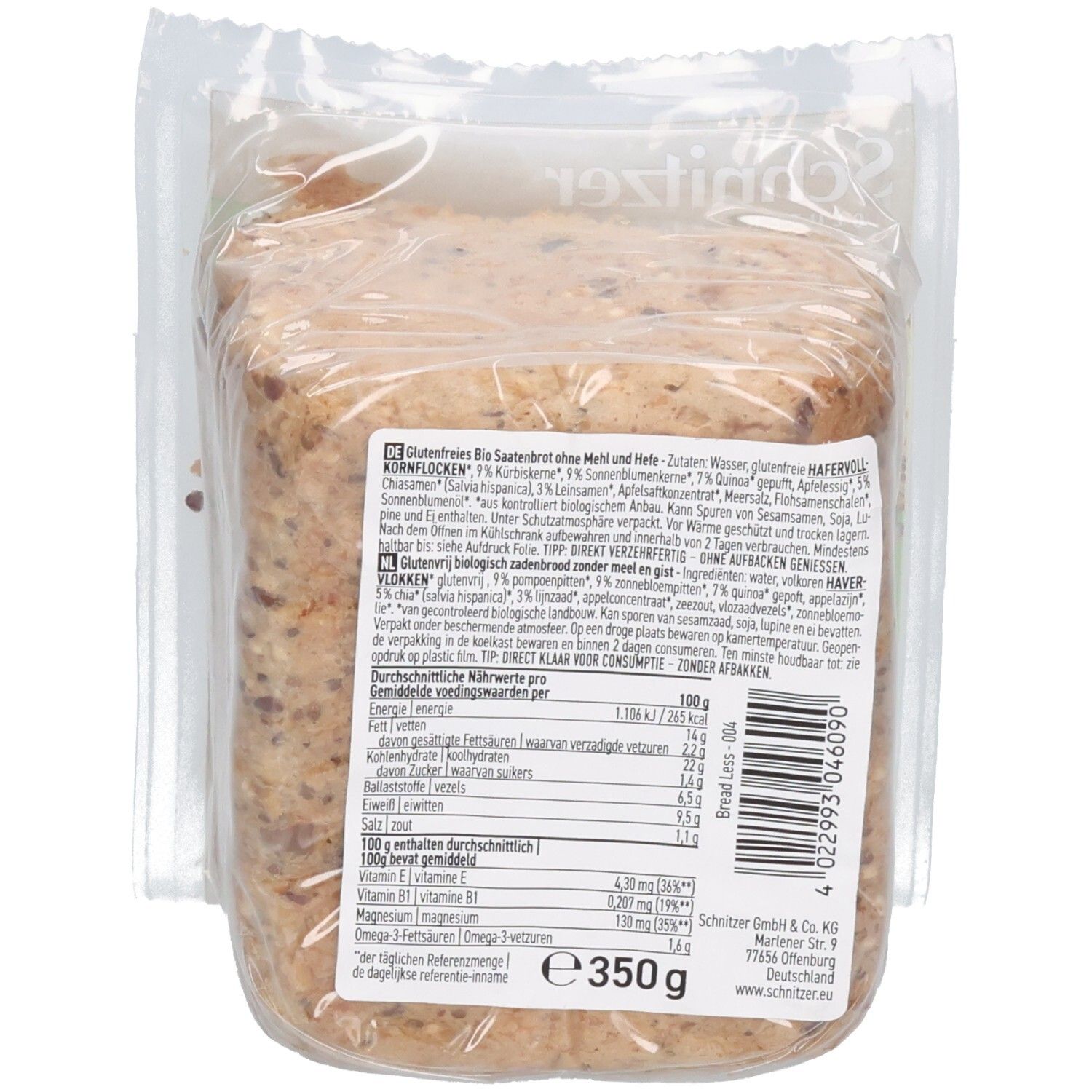 Rückseite der Verpackung von Schnitzer Bio Bread Less glutenfrei. Zeigt Nährwertangaben und Zutaten.