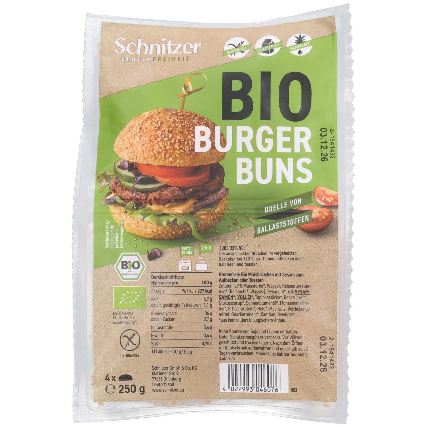 Verpackung mit vier glutenfreien Bio-Burger-Buns, bebildert mit einem Burger.