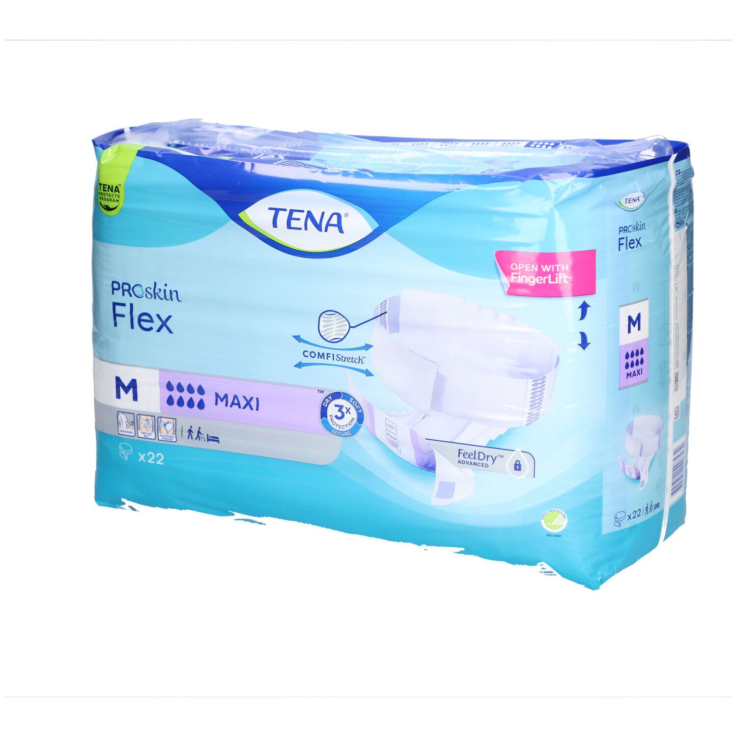 Verpackung von TENA ProSkin Flex Super Inkontinenzvorlagen. Größe M, Maxi. Enthält 22 Stück. Blaue Verpackung mit Produktinformationen.
