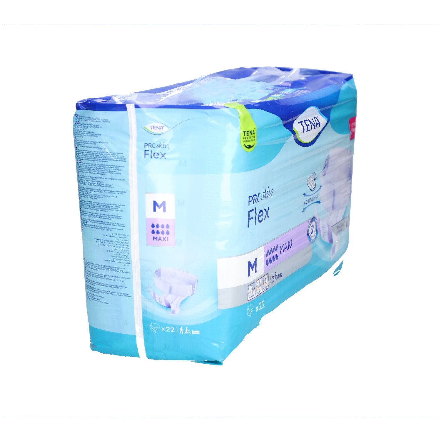 Verpackung von TENA ProSkin Flex Super Inkontinenzvorlagen. Größe M, Maxi. Blaue Verpackung mit Produktinformationen.