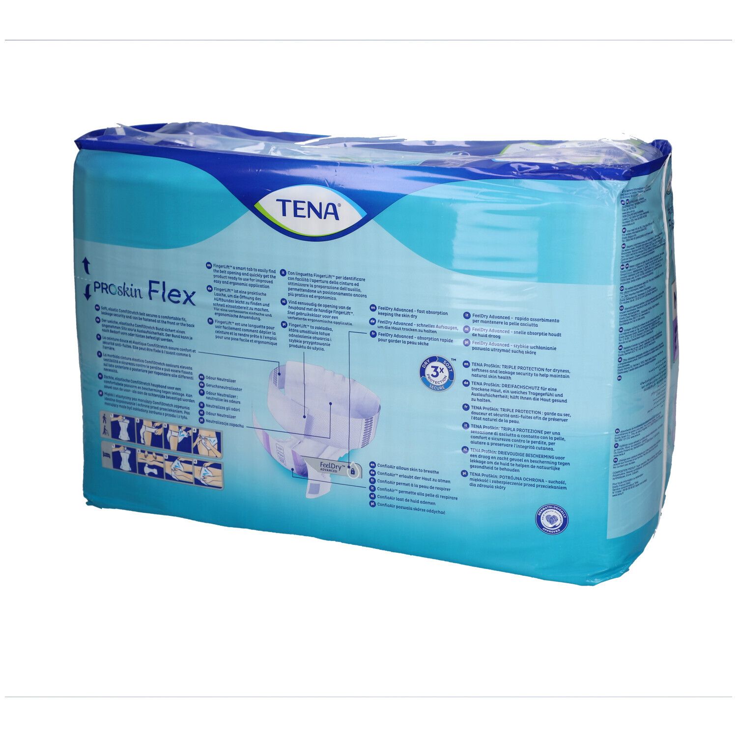 Rückseite der Verpackung von TENA ProSkin Flex. Produktinformationen und Illustrationen auf blauem Hintergrund.