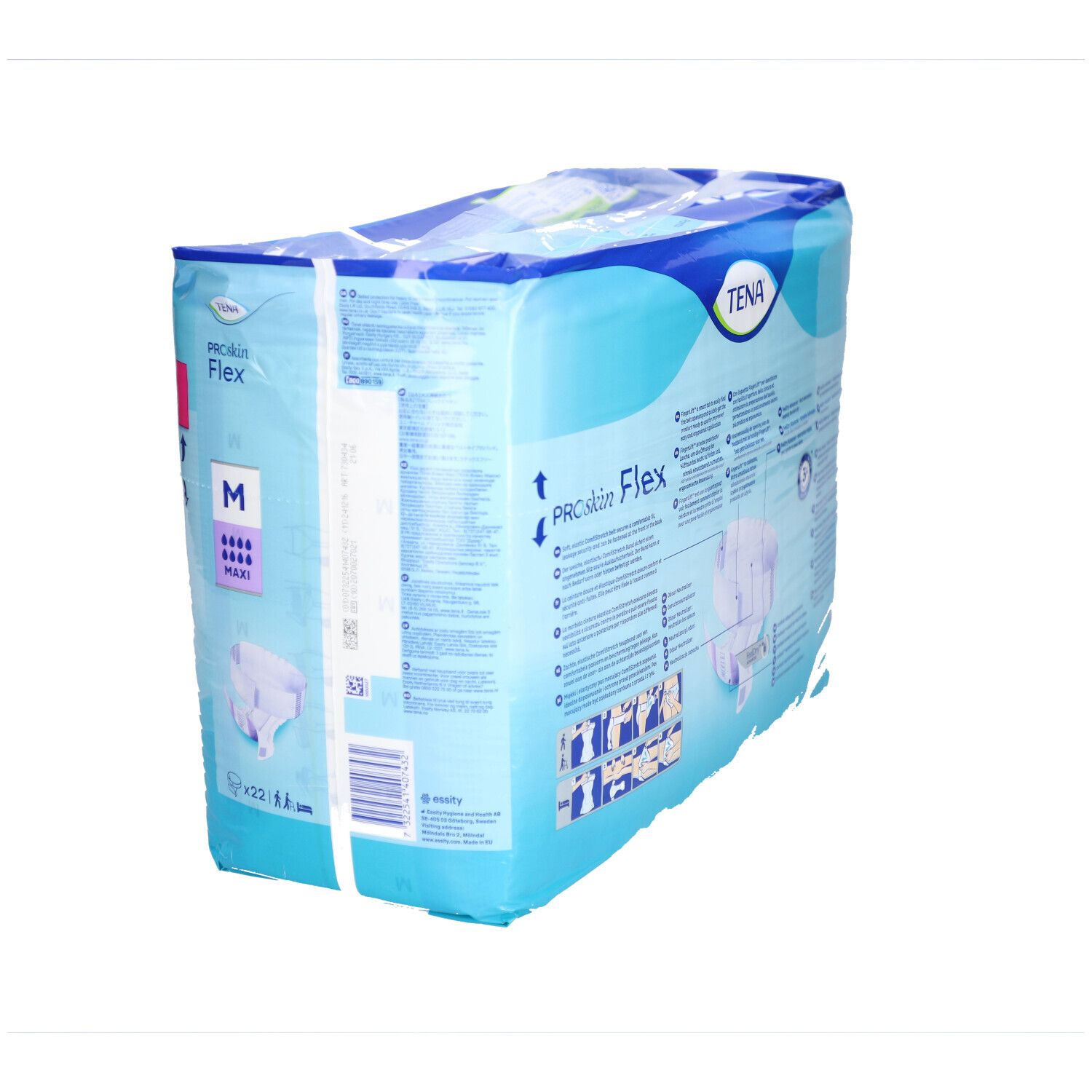 Verpackung von TENA ProSkin Flex. Größe M, Maxi. Blaue Verpackung mit Produktinformationen.