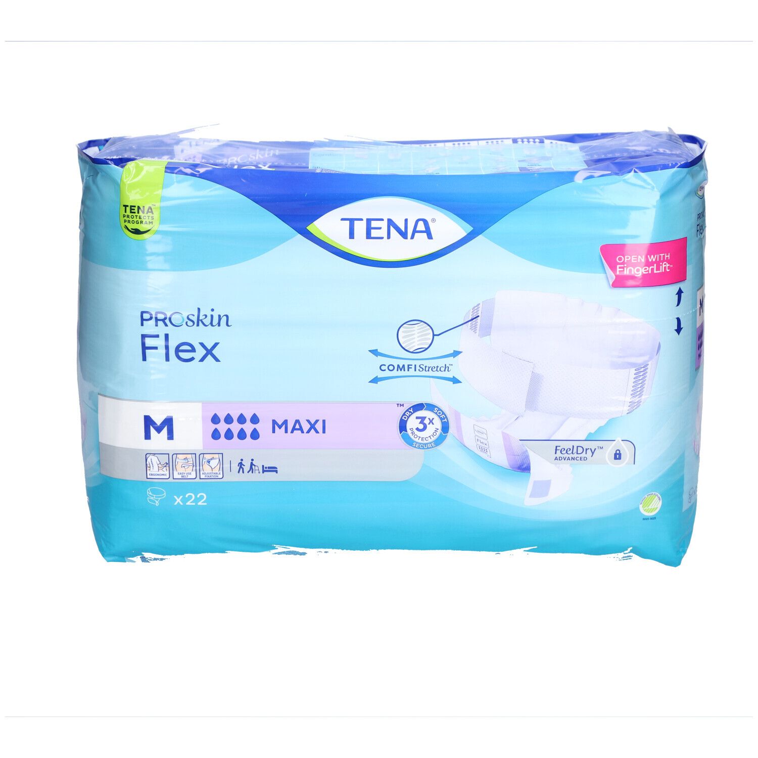 Verpackung von TENA ProSkin Flex Super Inkontinenzvorlagen. Größe M, Maxi. Enthält 22 Stück. Blaue Verpackung mit Produktinformationen.