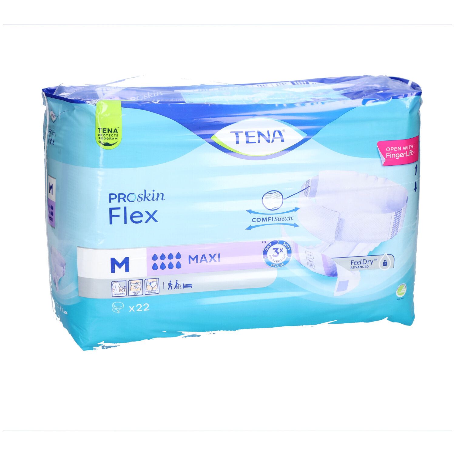 Verpackung von TENA ProSkin Flex Super Inkontinenzvorlagen. Größe M, Maxi. Enthält 22 Stück. Blaue Verpackung mit Produktinformationen.
