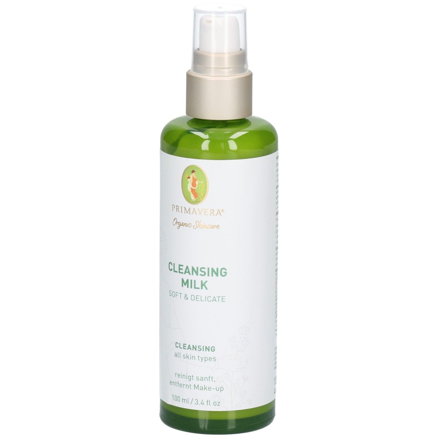Grüne Flasche Primavera Bio-Pflege Reinigungsmilch mit Pumpspender, 100 ml.