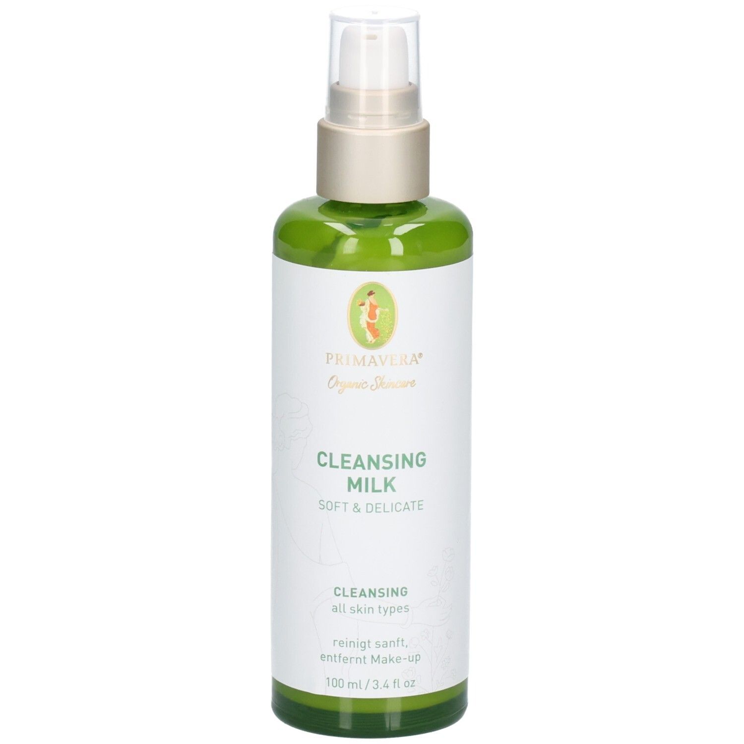 Grüne Flasche mit Pumpspender, 100 ml, Primavera Cleansing Milk.