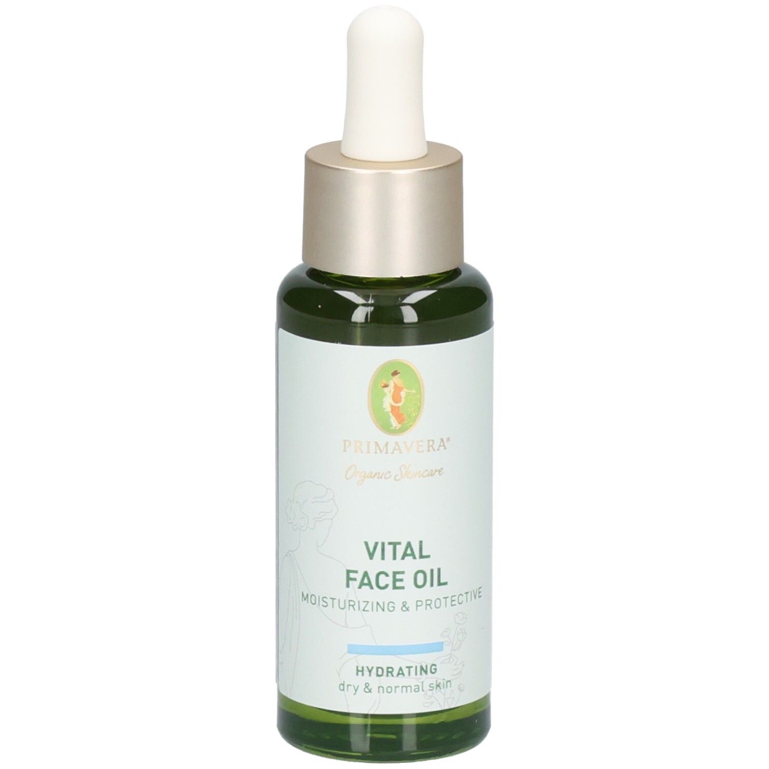 Grüne Glasflasche mit Pipettenverschluss, Etikett mit "VITAL FACE OIL" und "PRIMAVERA Organic Skincare".