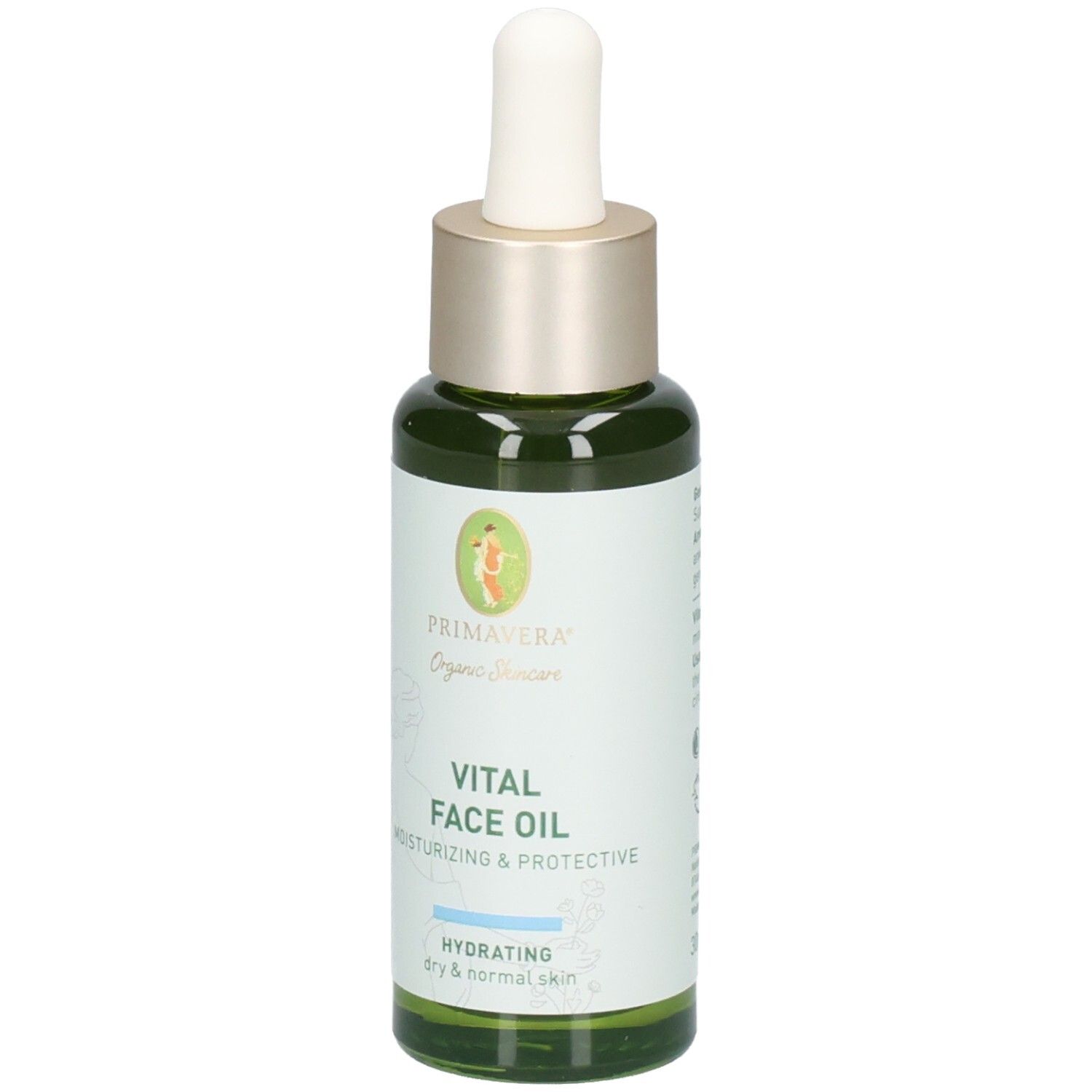Grüne Glasflasche mit Pipettenverschluss, Etikett mit "VITAL FACE OIL" und "PRIMAVERA Organic Skincare".